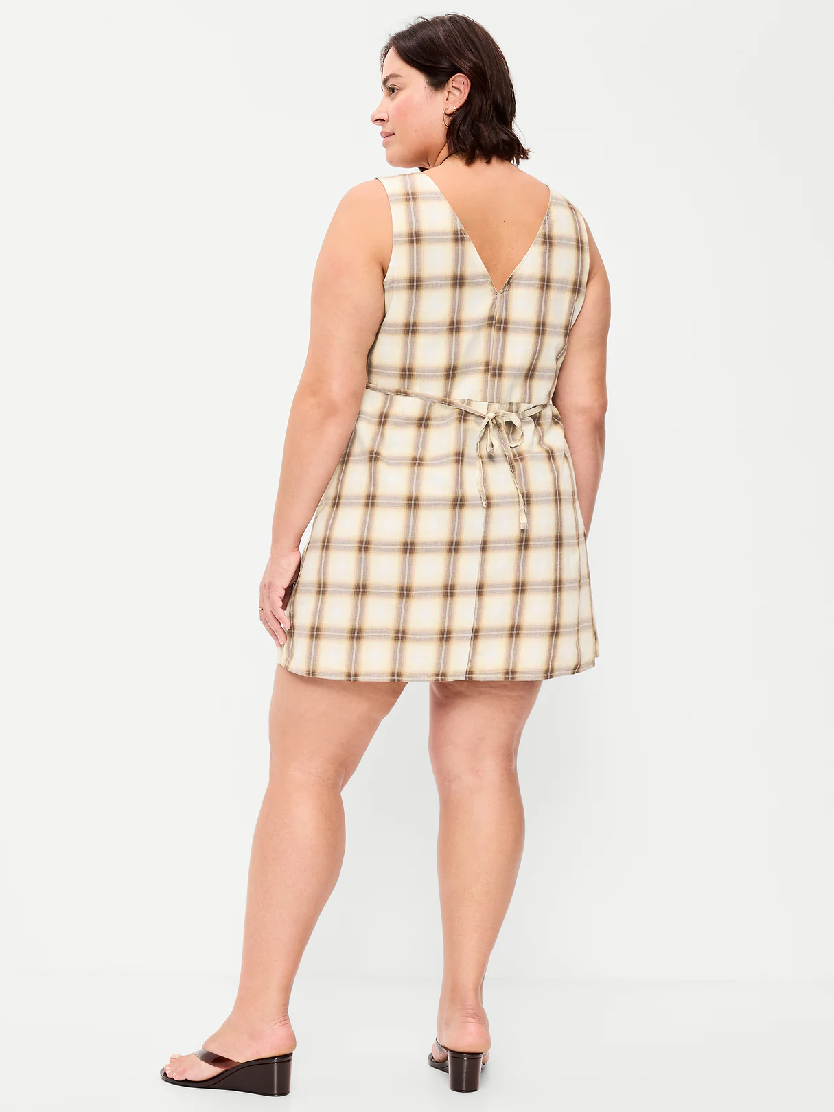 Sleeveless A-Line Mini Dress - Cream/Brown Plaid