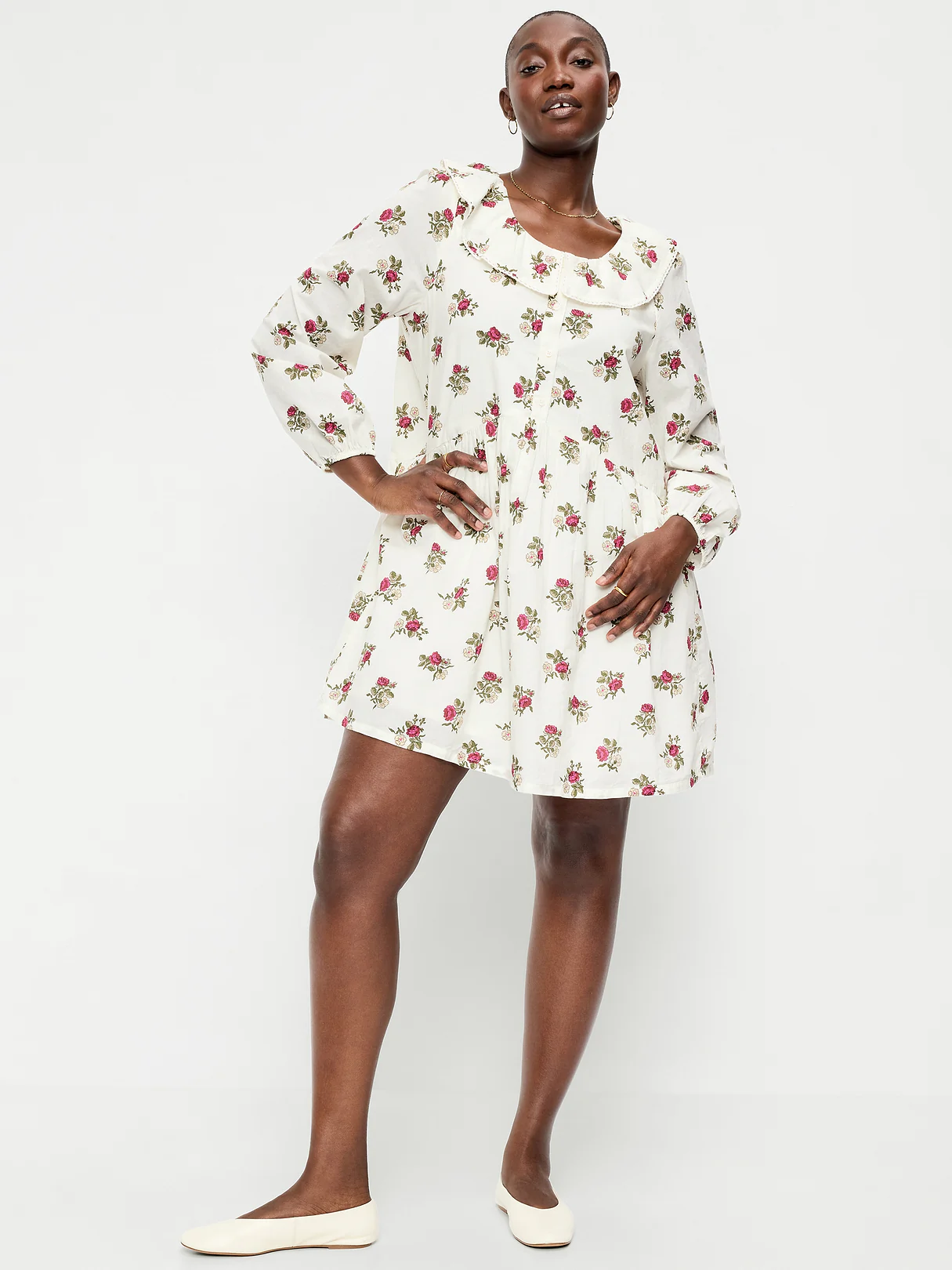 Long-Sleeve Ruffle-Collar Swing Mini Dress - White Floral