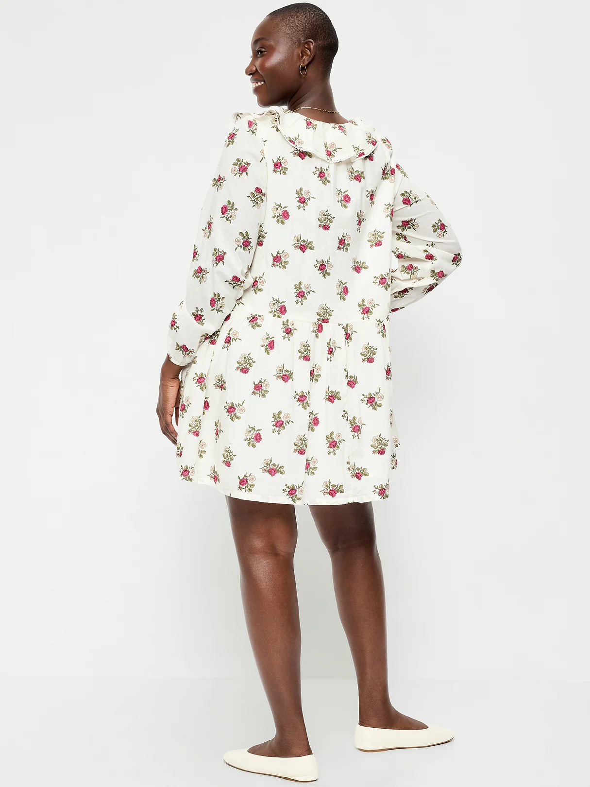Long-Sleeve Ruffle-Collar Swing Mini Dress - White Floral