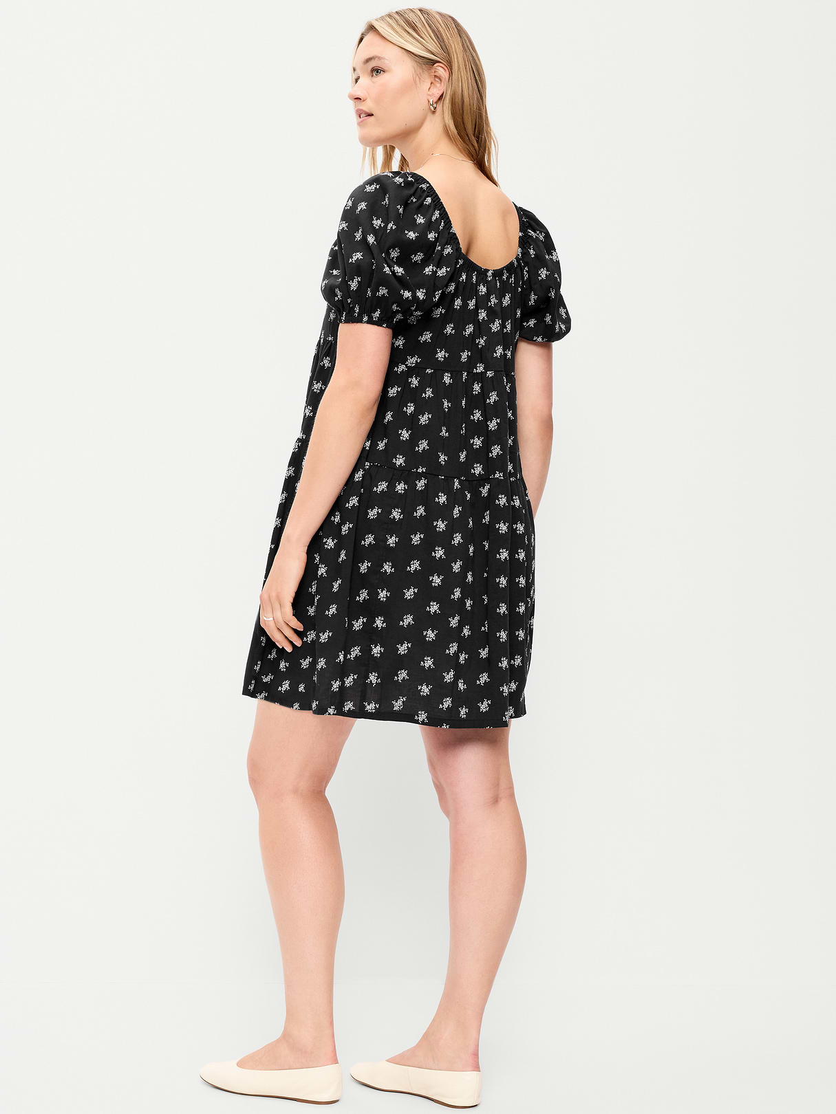 Puff-Sleeve Smocked Mini Swing Dress - Black Floral
