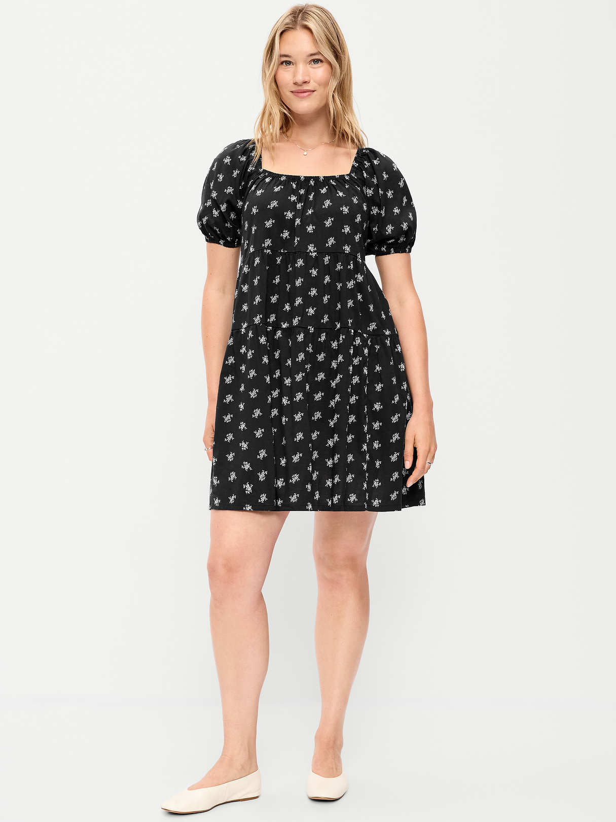 Puff-Sleeve Smocked Mini Swing Dress - Black Floral