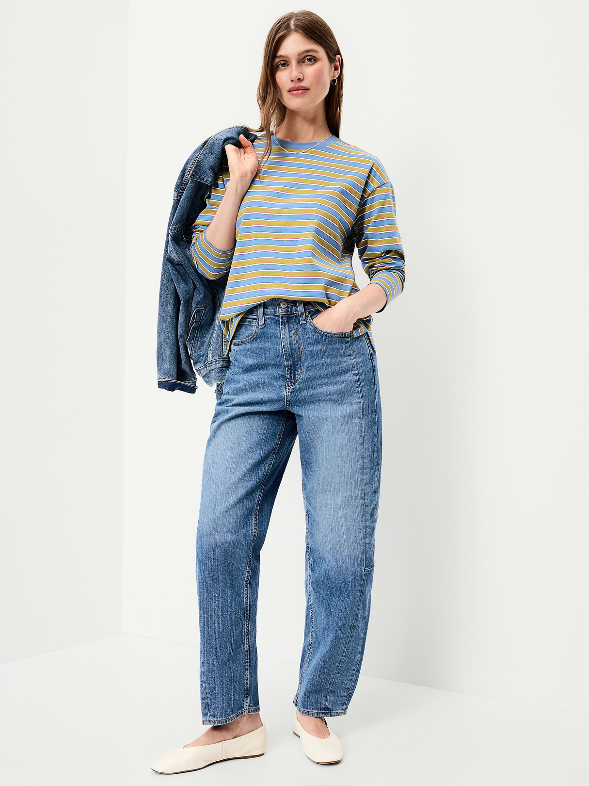 Vintage Long-Sleeve Crew-Neck T-Shirt - Blue/Green Stripe