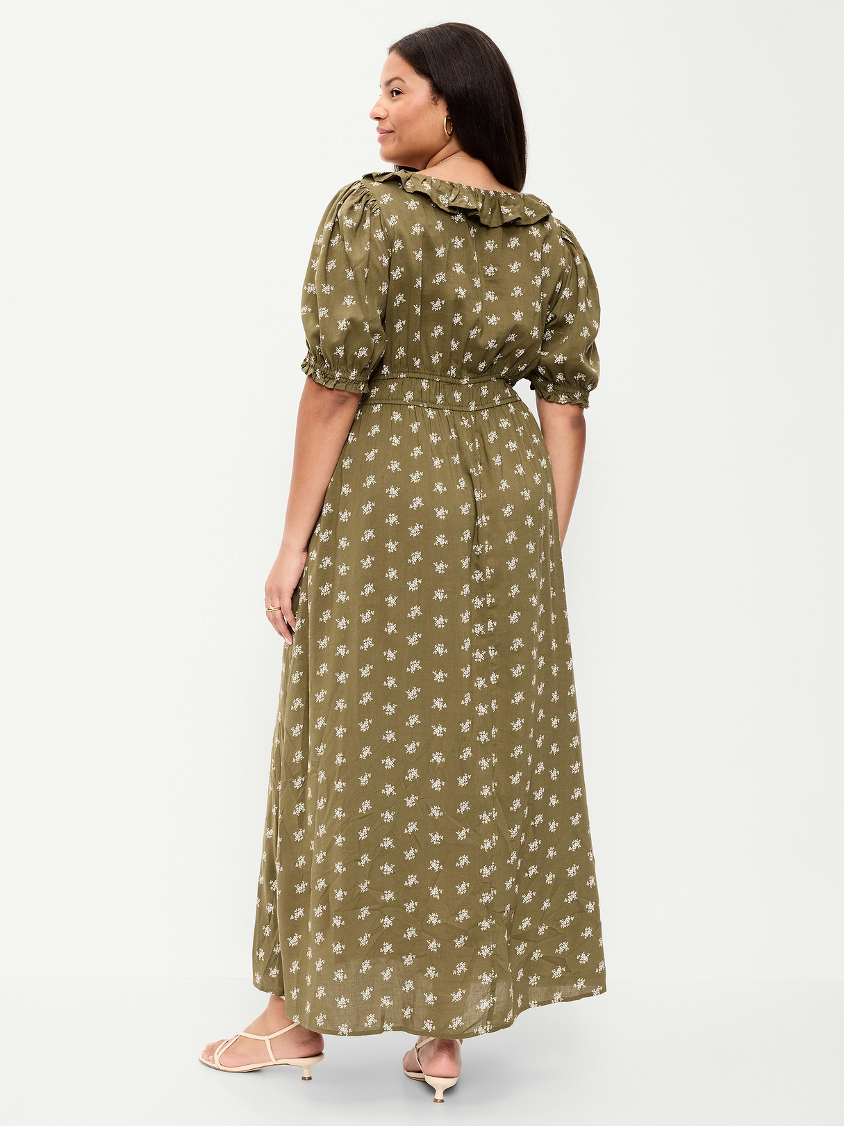 Ruffle-Collar Boho Maxi Dress - Green Floral