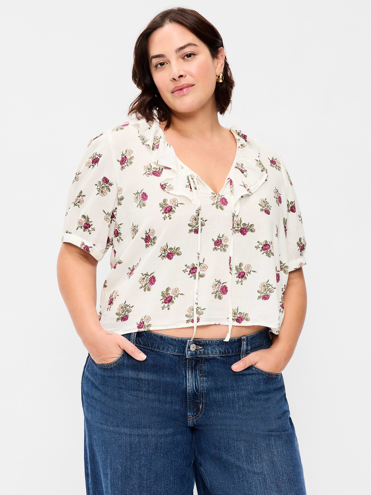 Ruffle Collar Tie-Front Top - White Floral