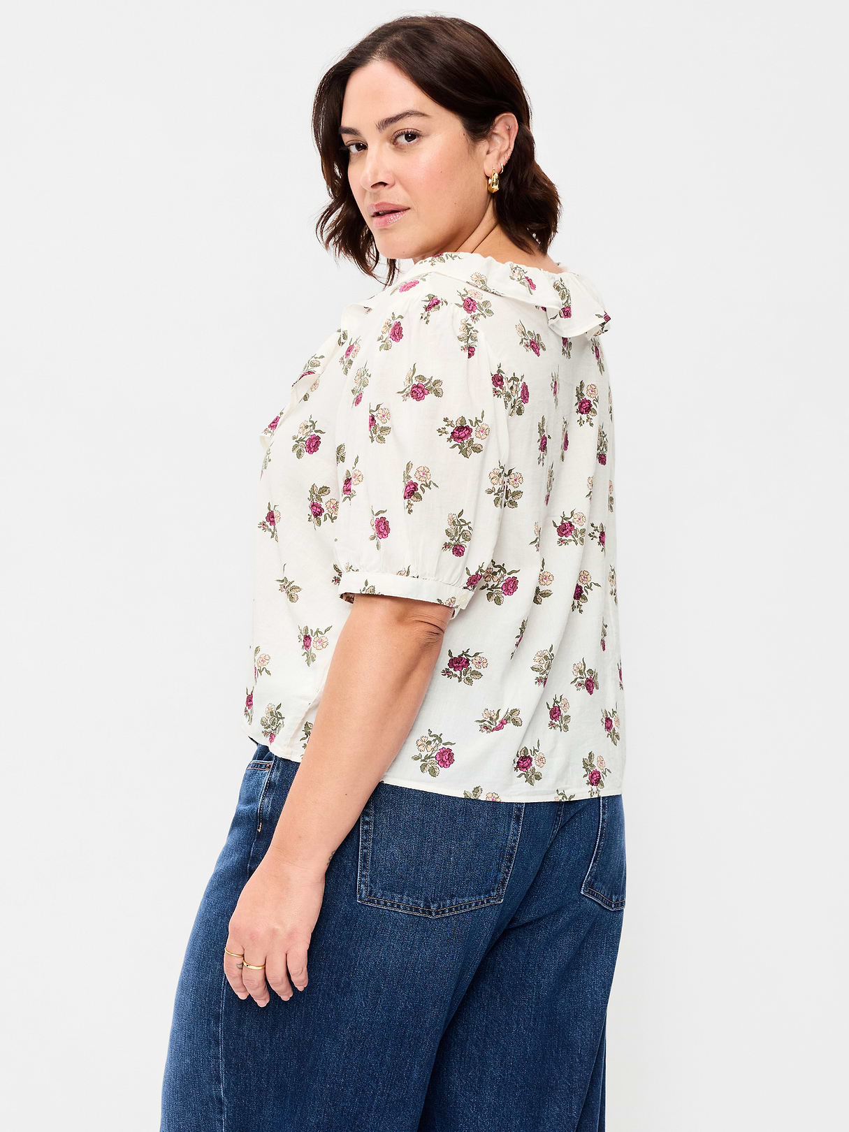 Ruffle Collar Tie-Front Top - White Floral