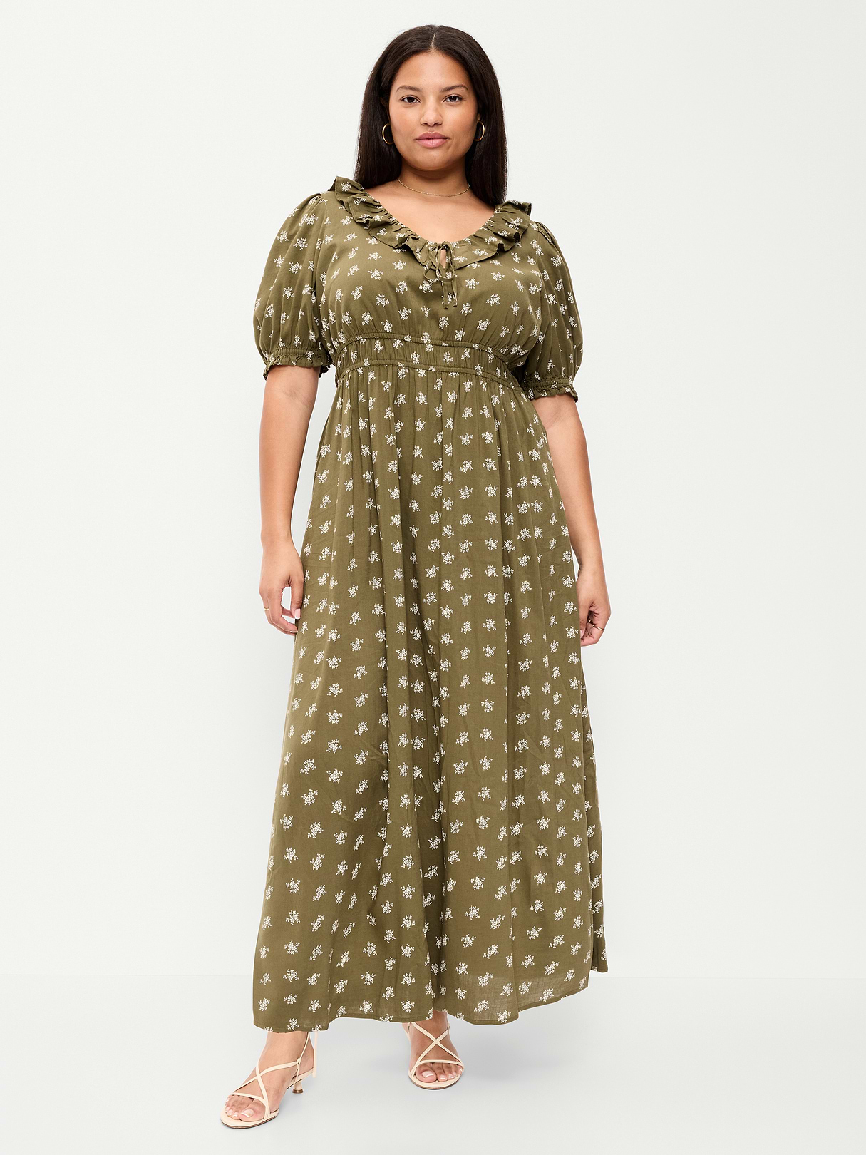 Ruffle-Collar Boho Maxi Dress - Green Floral