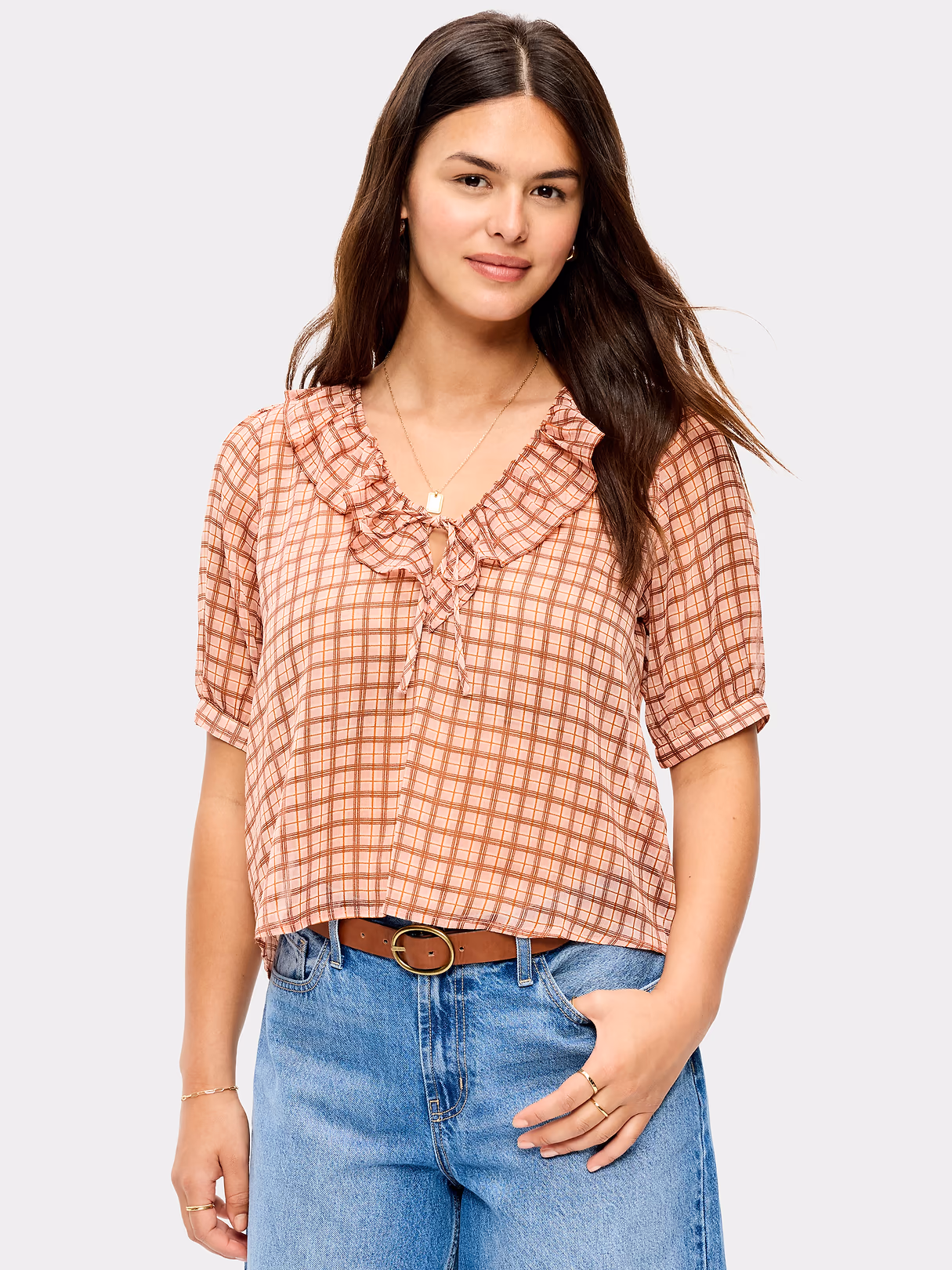 Ruffle Collar Tie-Front Top - Pink Plaid
