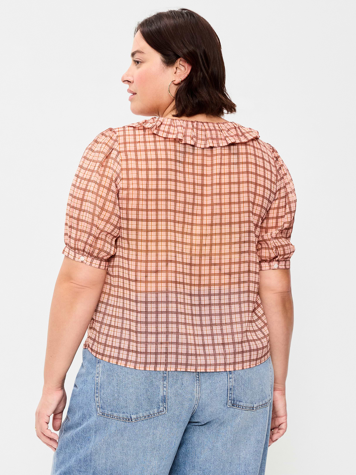 Ruffle Collar Tie-Front Top - Pink Plaid