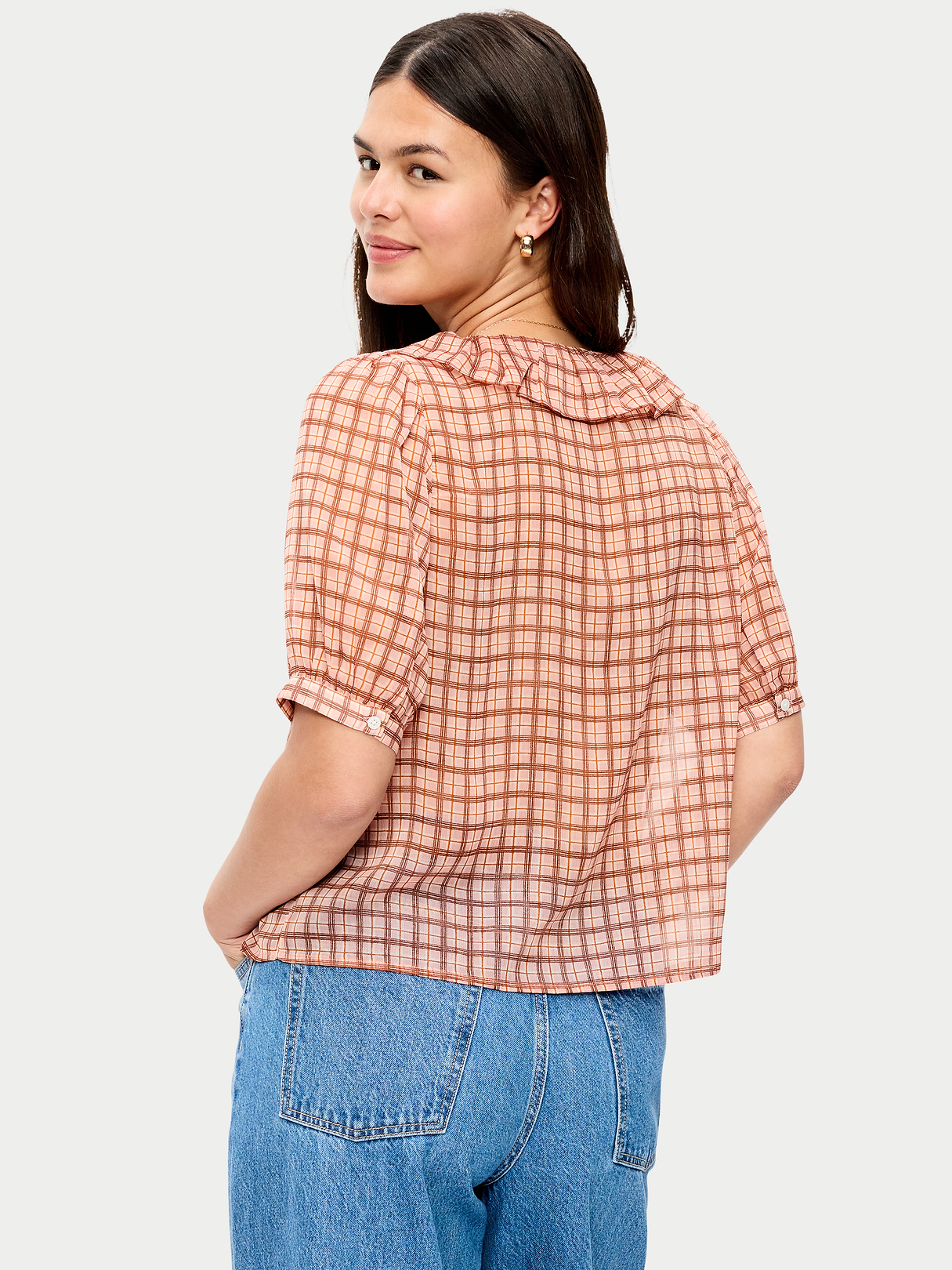 Ruffle Collar Tie-Front Top - Pink Plaid