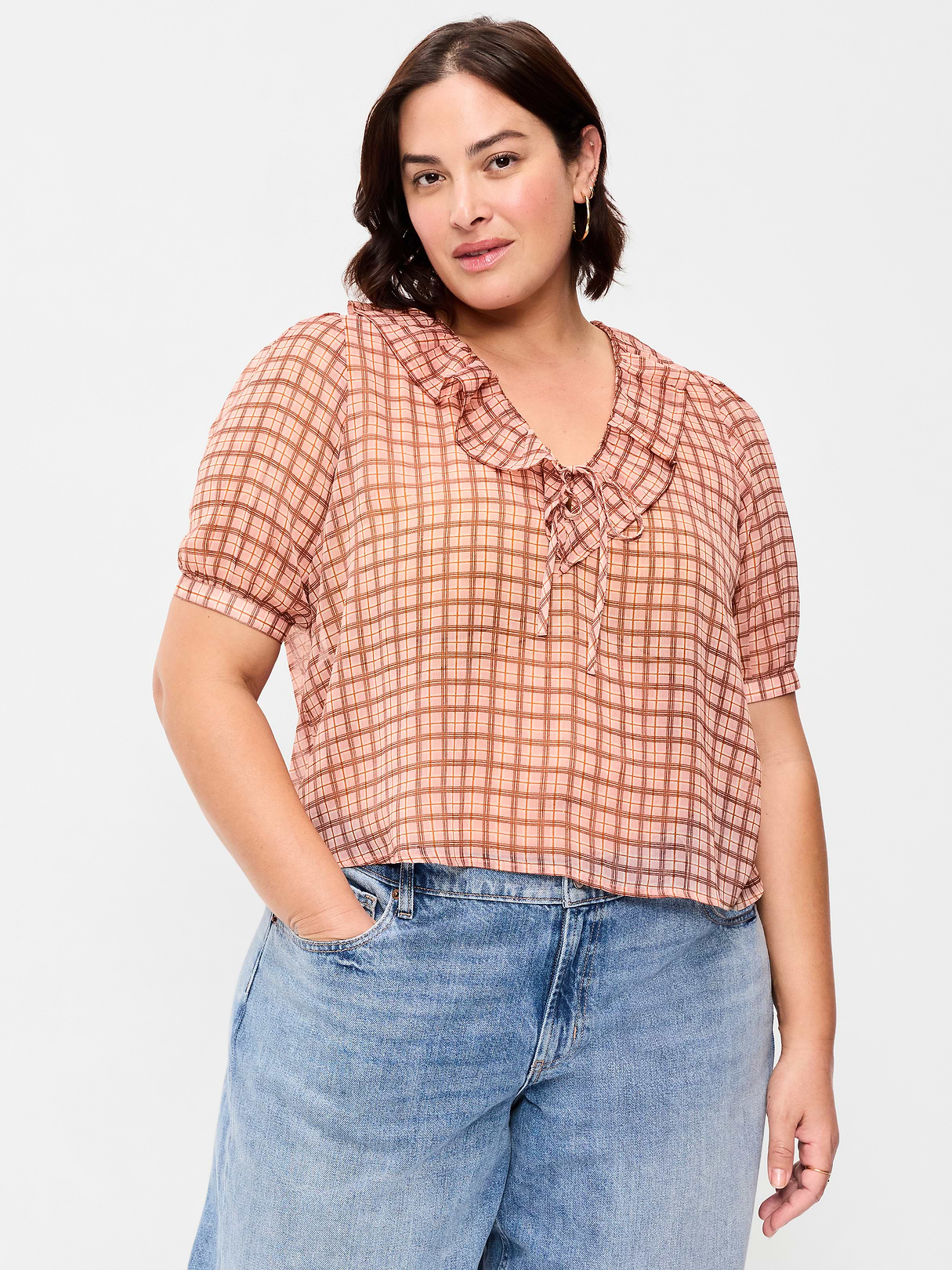 Ruffle Collar Tie-Front Top - Pink Plaid