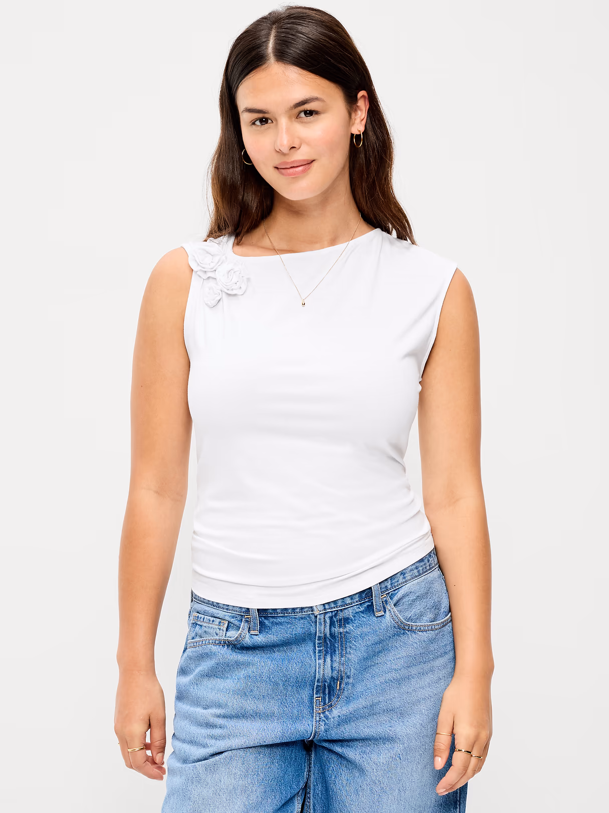 Gathered-Shoulder Rosette Top - White Lilies
