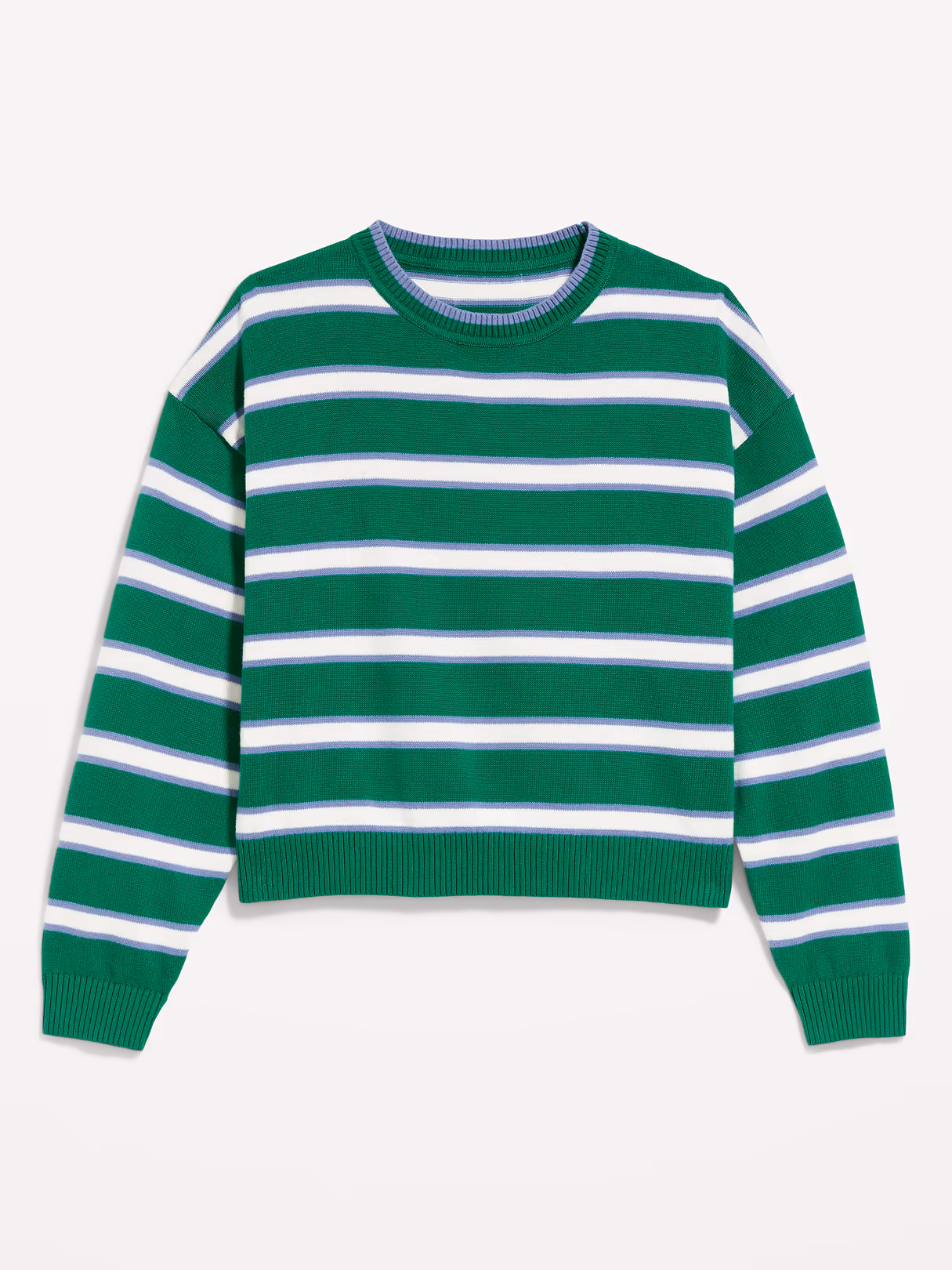 Cotton-Blend Crew-Neck Cropped Sweater - Green Stripe