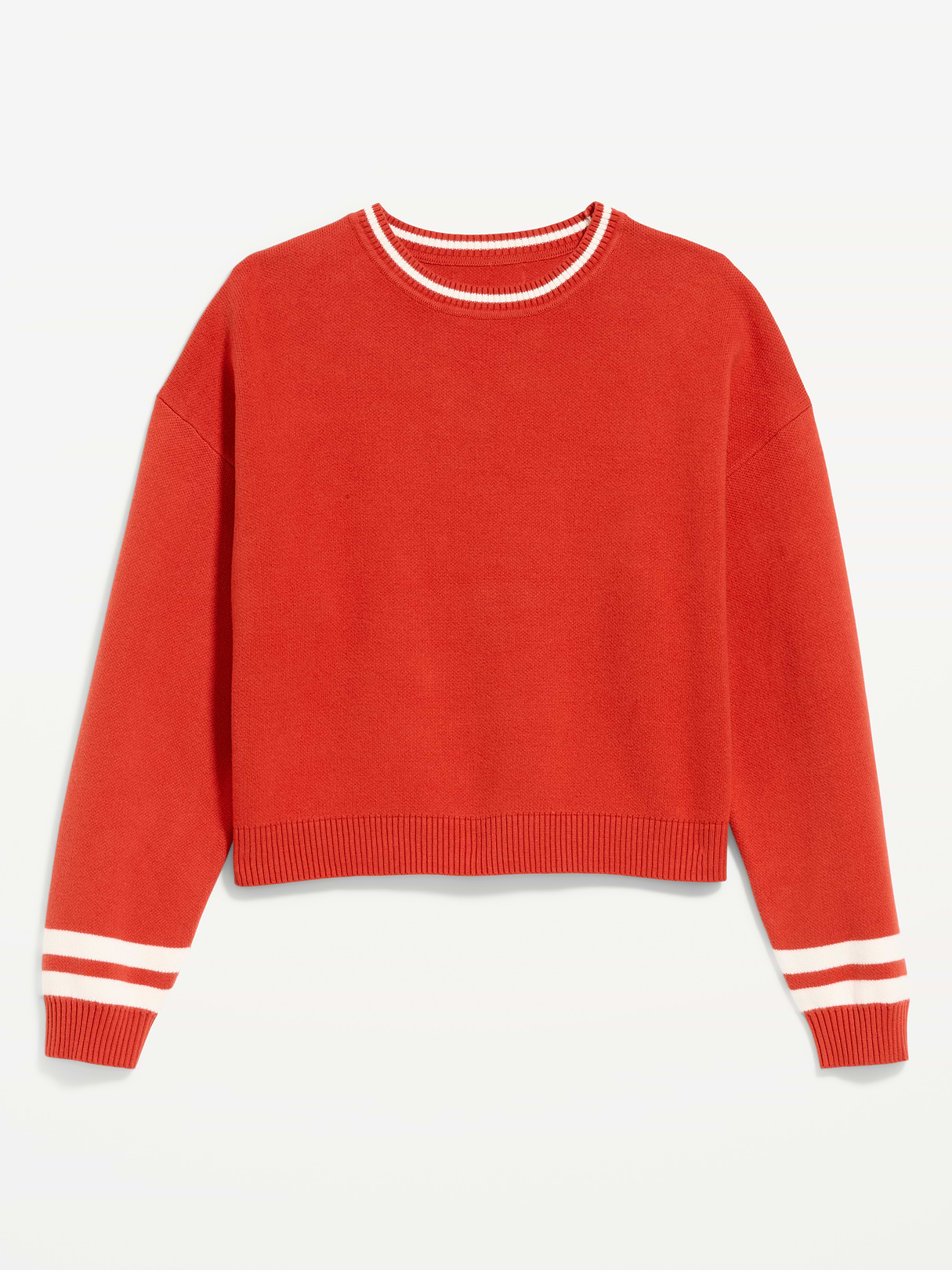 Cotton-Blend Crew-Neck Cropped Sweater - Red Stripe