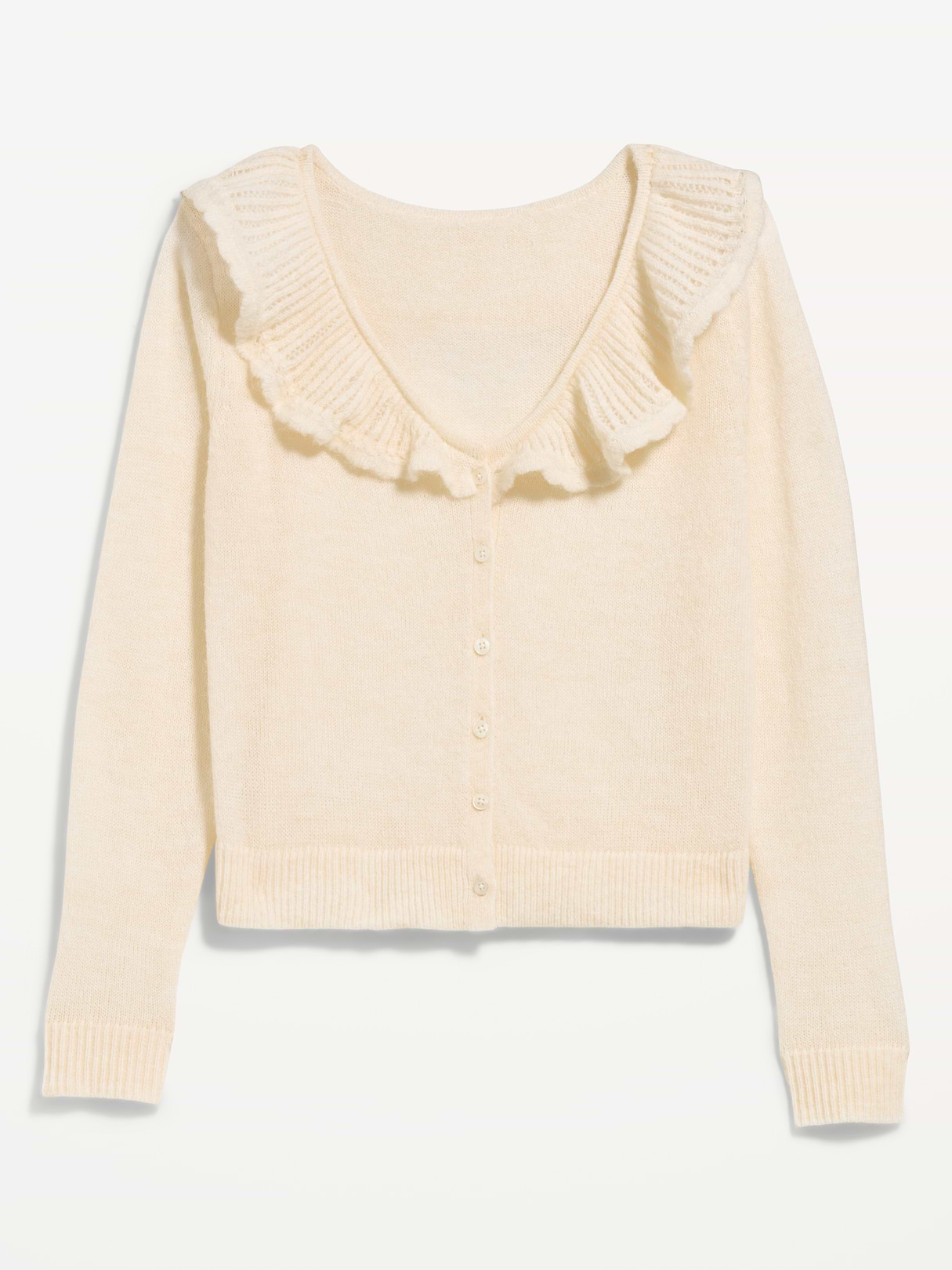 Ruffle-Collar Wool-Blend Pointelle Cardigan - Crème De La Crème