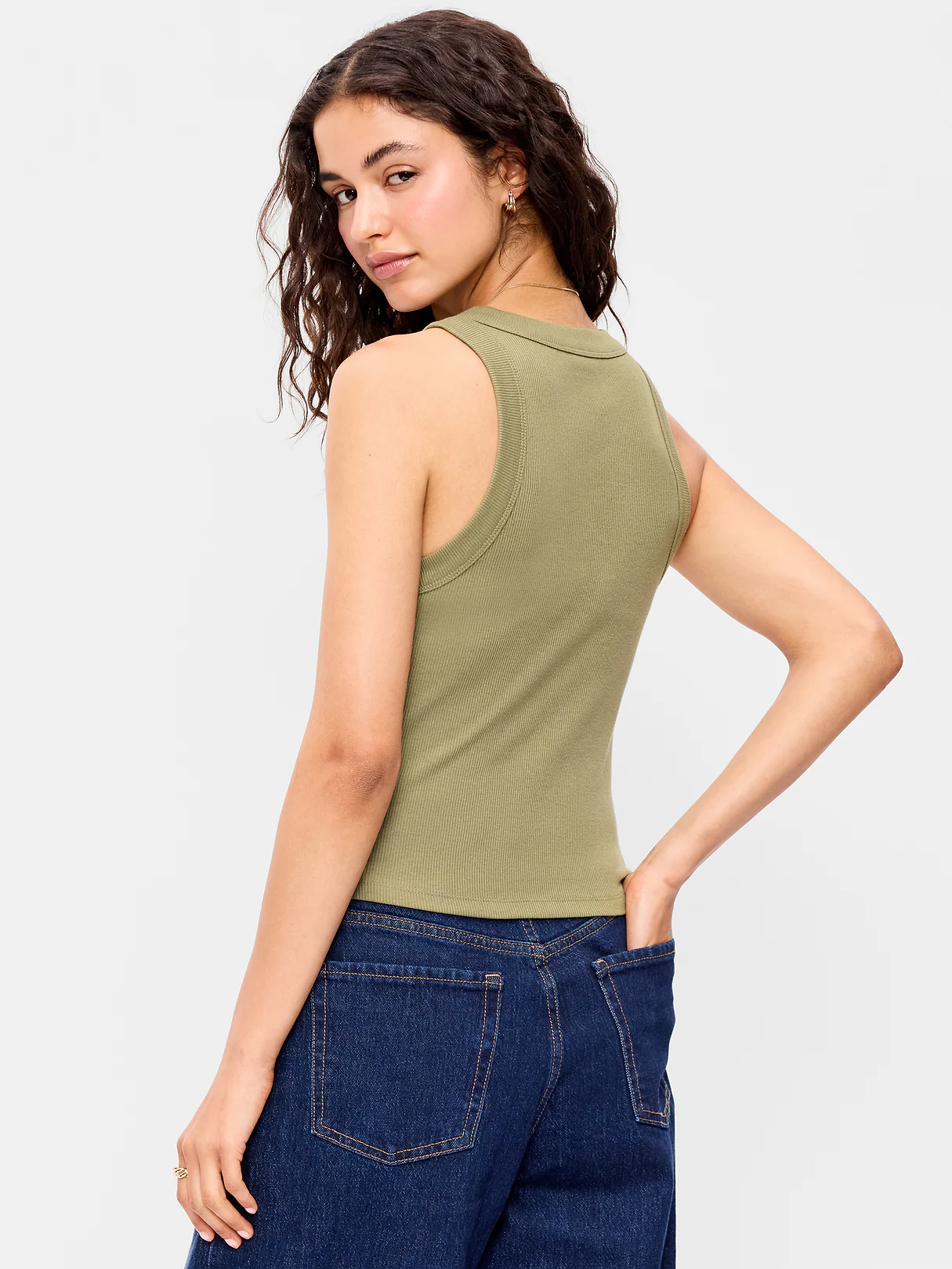 Crop Ribbed Tank Top - Dill Caper