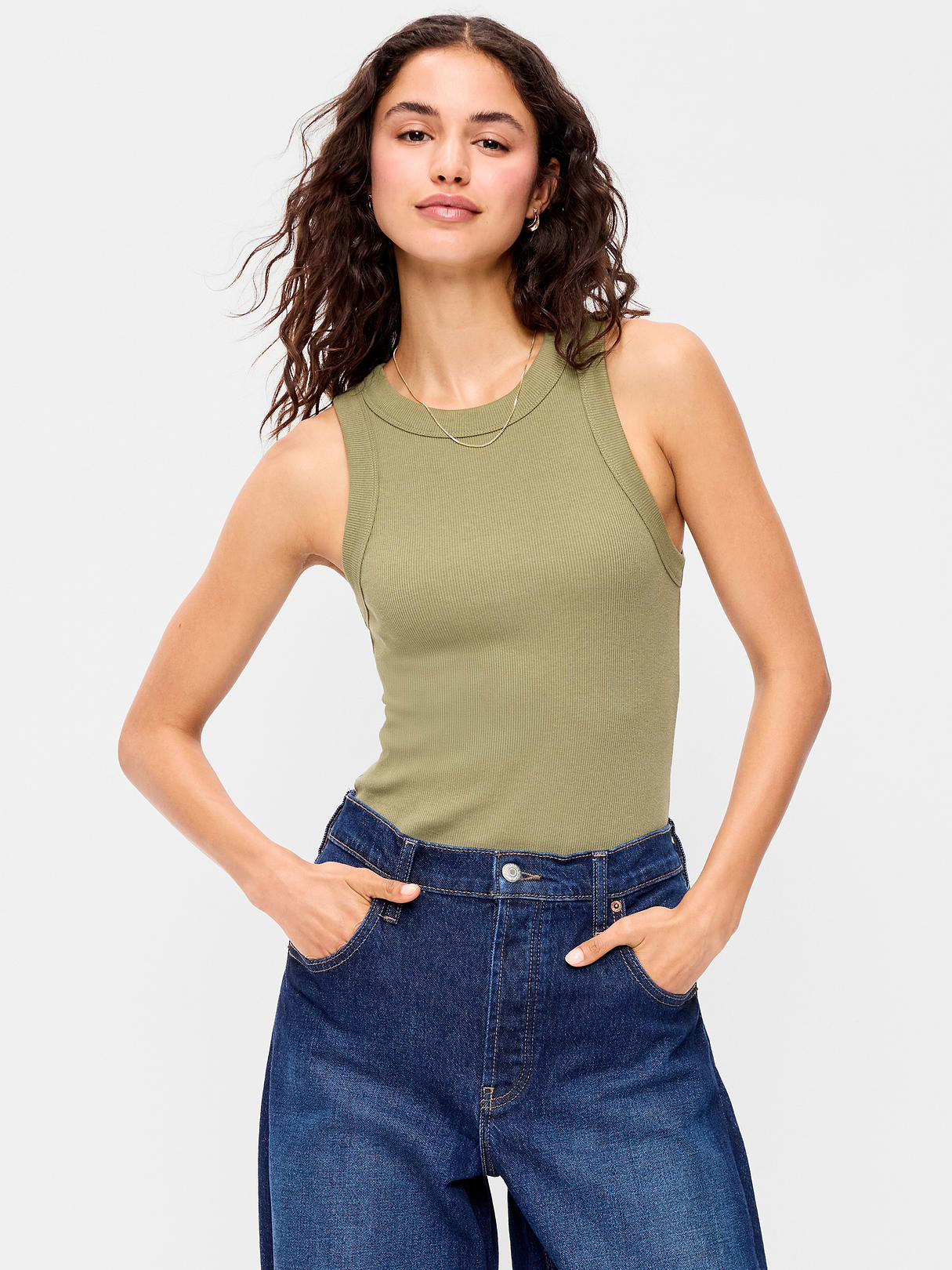 Crop Ribbed Tank Top - Dill Caper