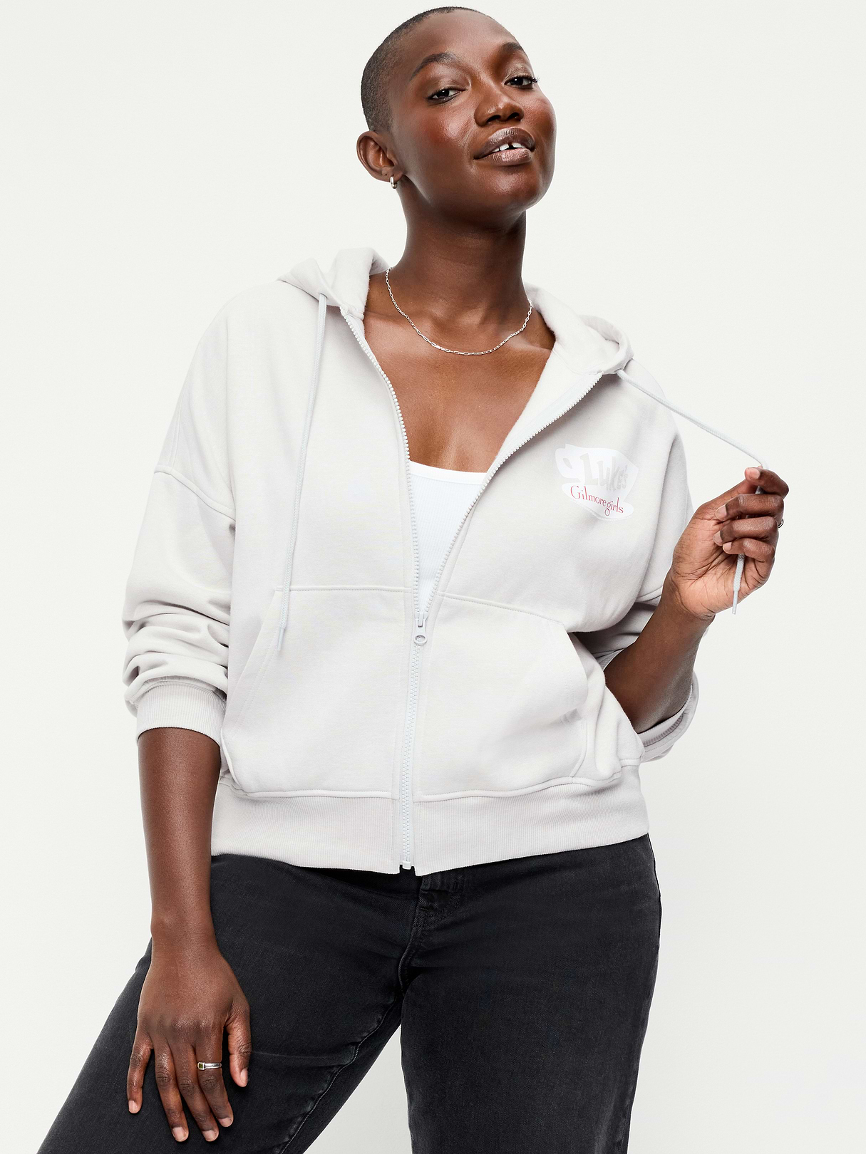 Oversized Full-Zip Graphic Hoodie Sweatshirt - Light Gray