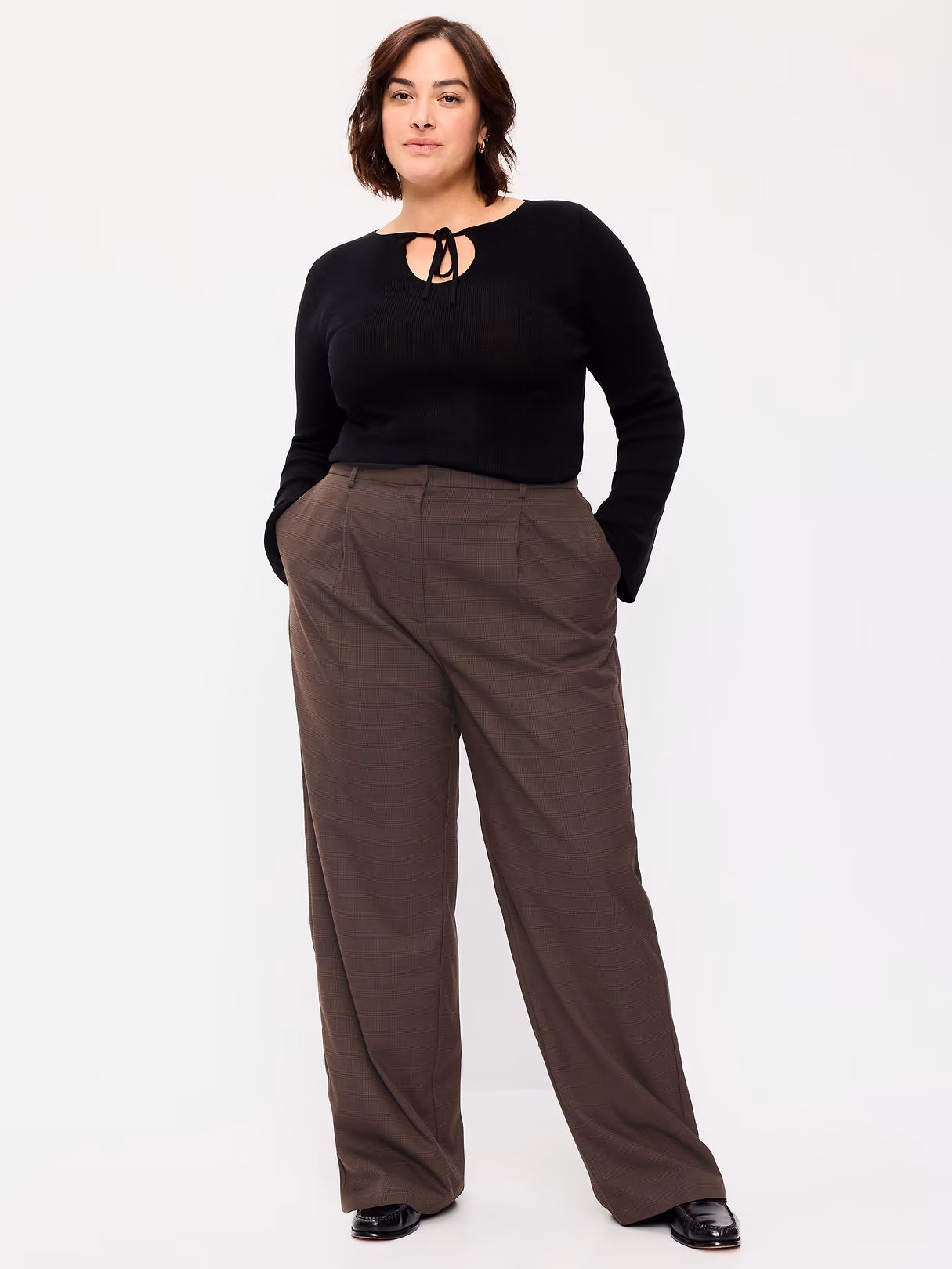 Extra High-Waisted Taylor Wide-Leg Trouser Pants - Brown Plaid