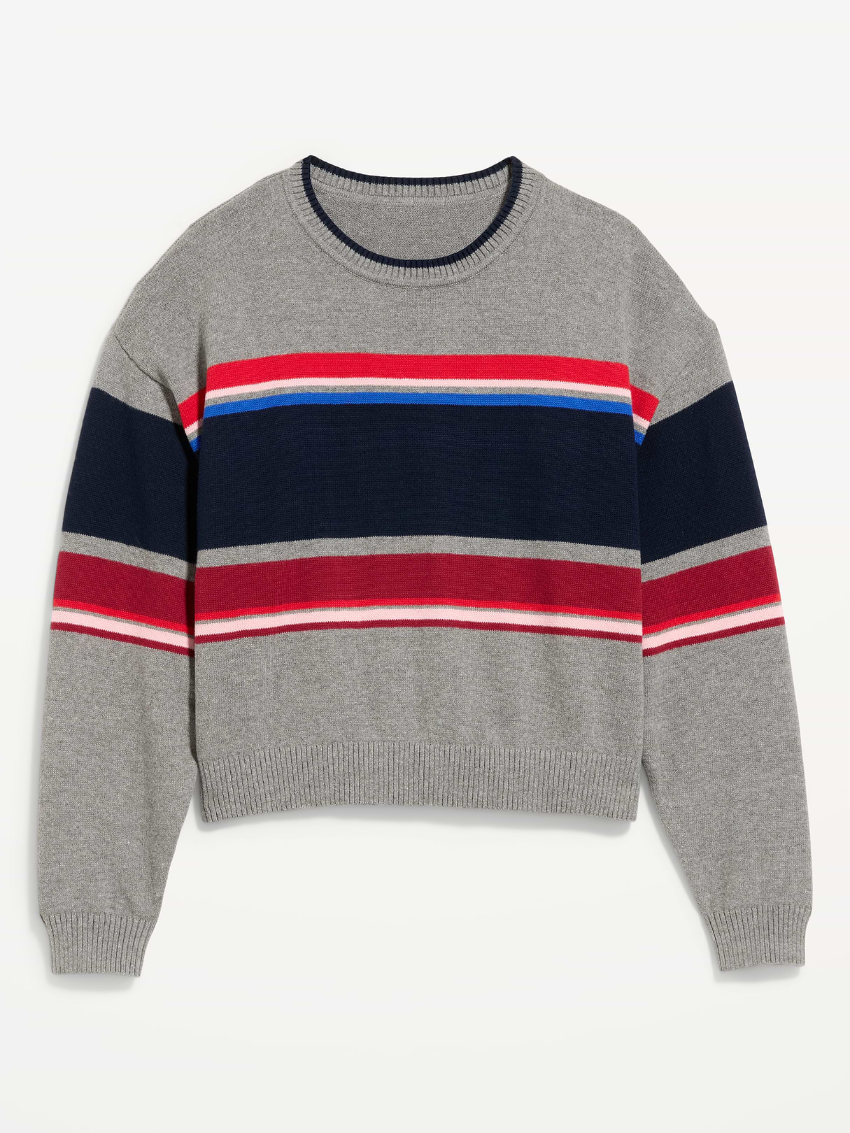 Cotton-Blend Crew-Neck Cropped Sweater - Gray Stripe