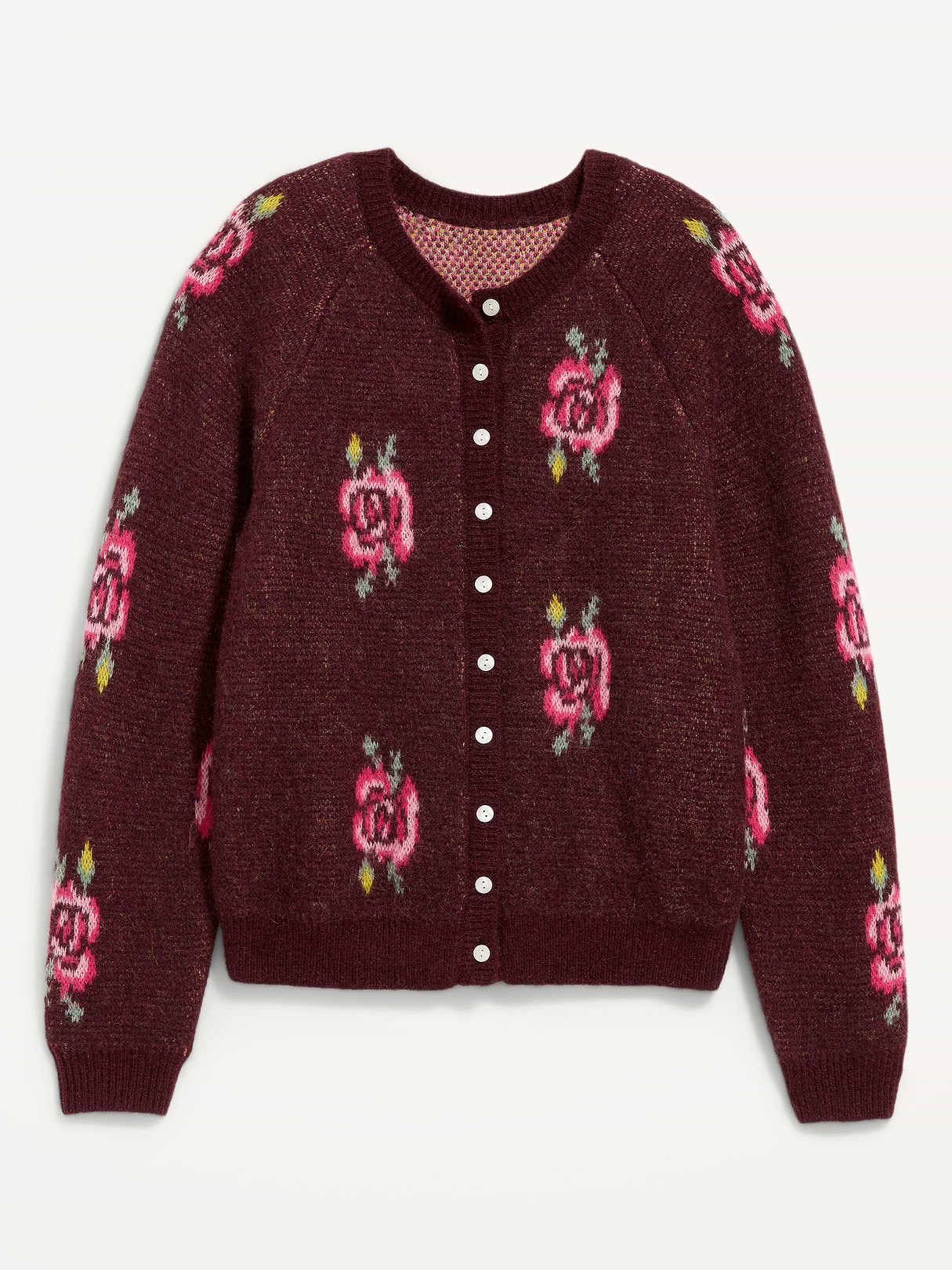Cozy Crew-Neck Wool-Blend Cardigan - Roses
