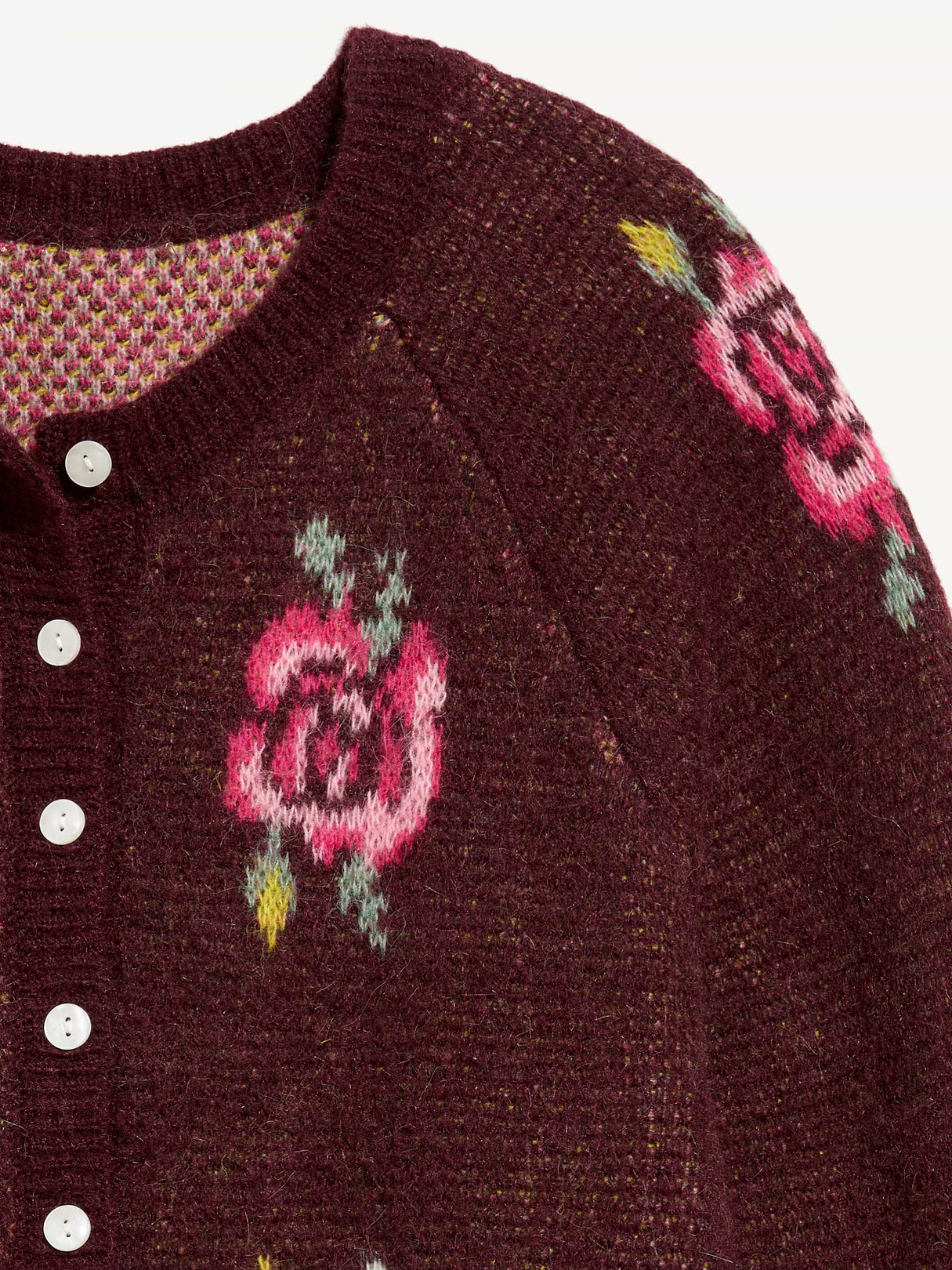 Cozy Crew-Neck Wool-Blend Cardigan - Roses