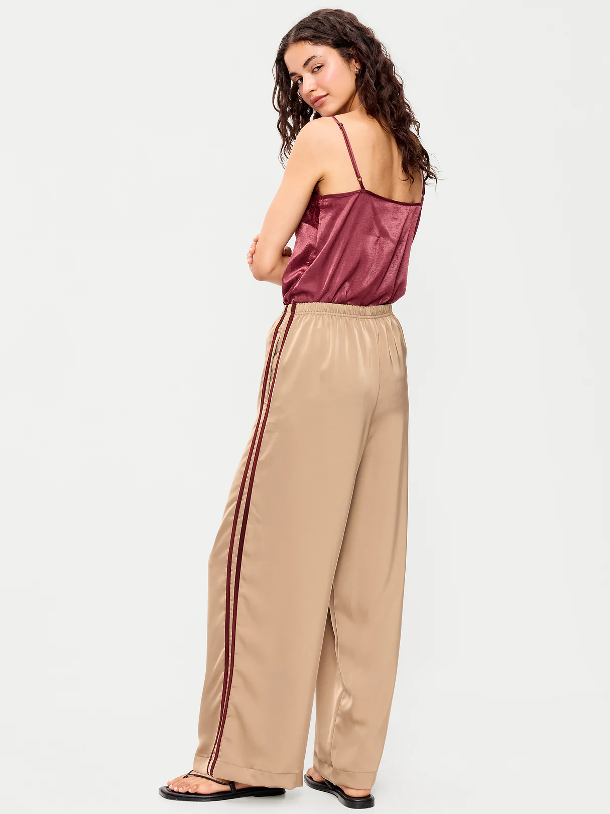 High-Waisted Satin Track Pants - Toasted Almond
