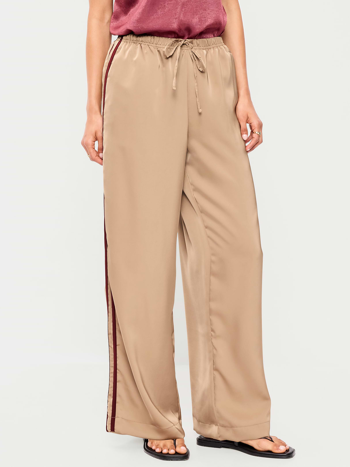 High-Waisted Satin Track Pants - Toasted Almond