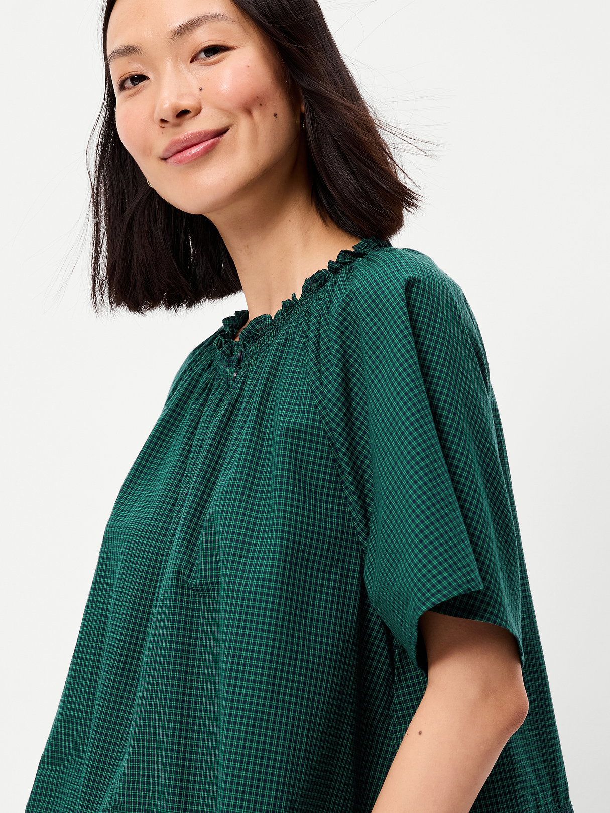 Loose Short-Sleeve Striped Top - Green Plaid