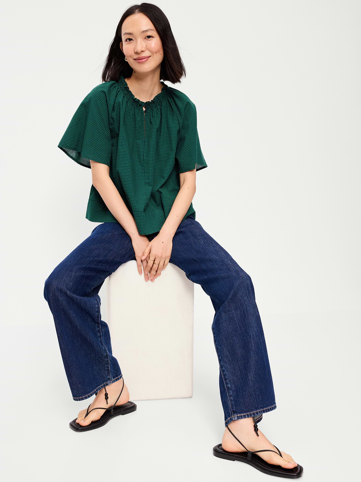 Loose Short-Sleeve Striped Top - Green Plaid