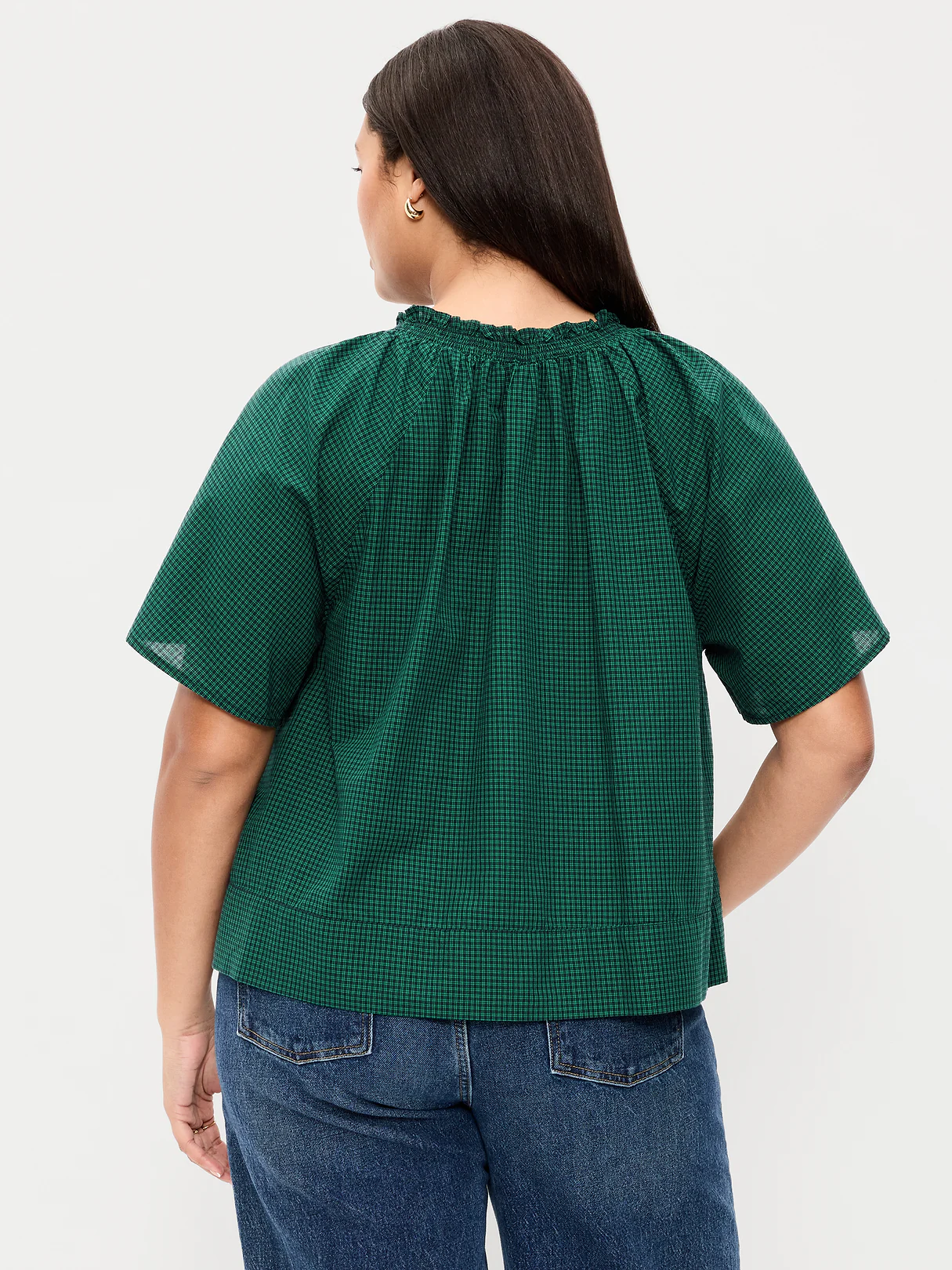 Loose Short-Sleeve Striped Top - Green Plaid