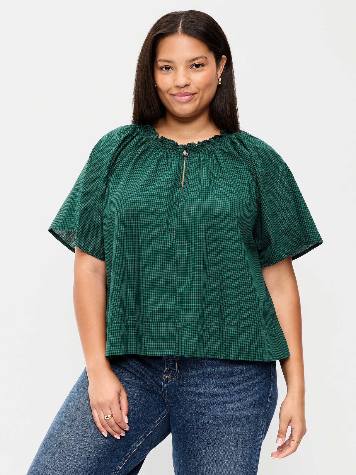 Loose Short-Sleeve Striped Top - Green Plaid