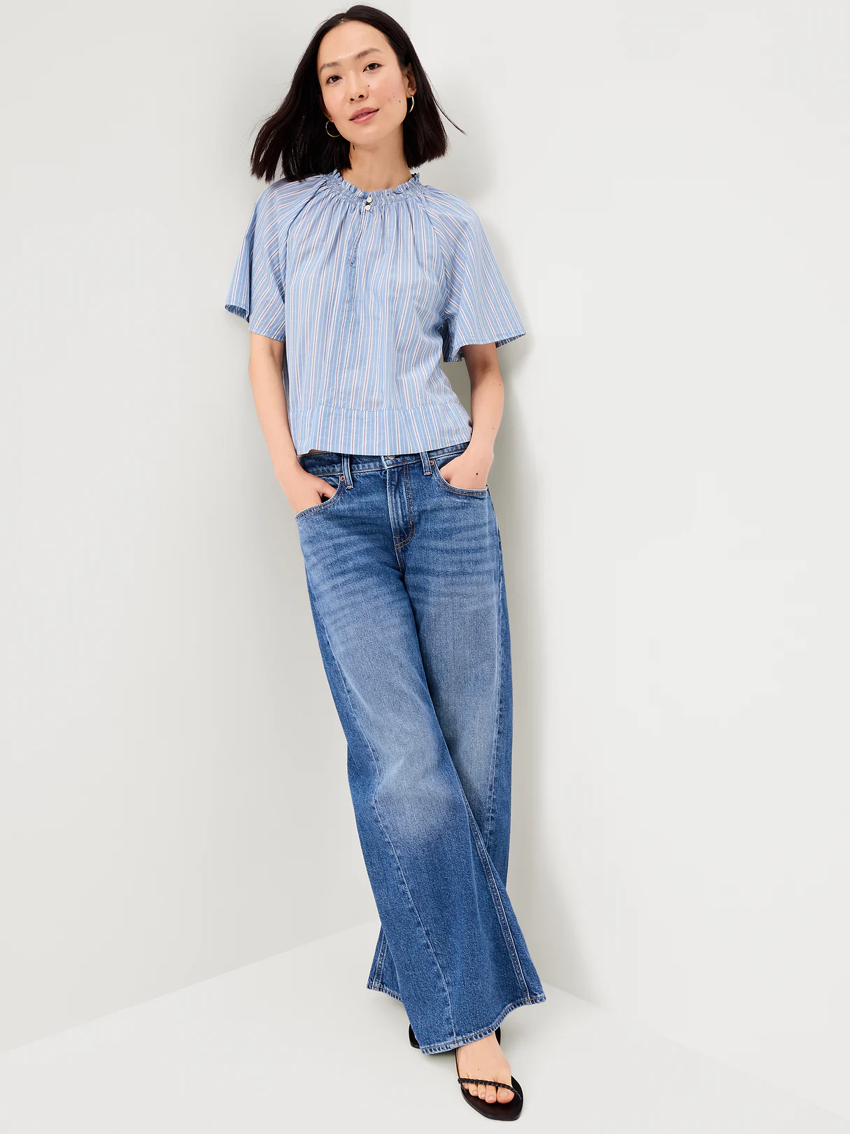 Loose Short-Sleeve Striped Top - Blue Stripe