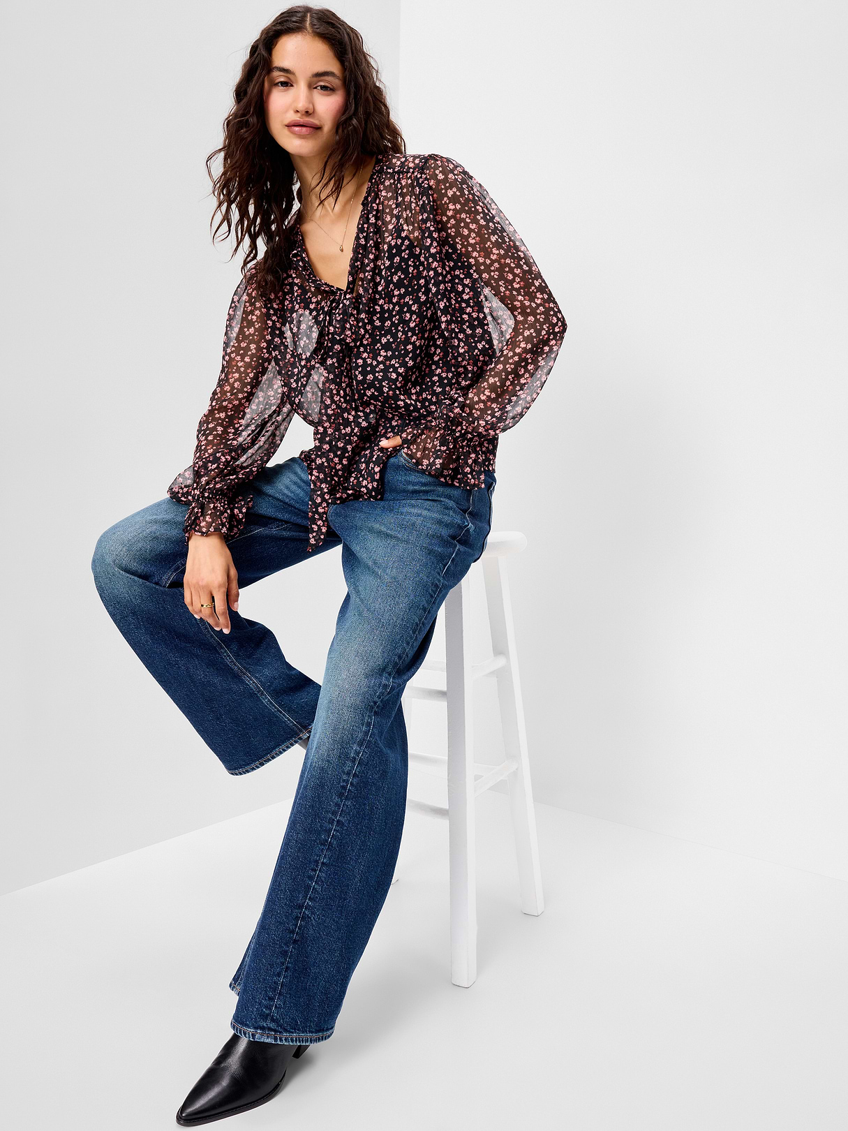 Long-Sleeve Chiffon Tie-Front Top - Pink Floral