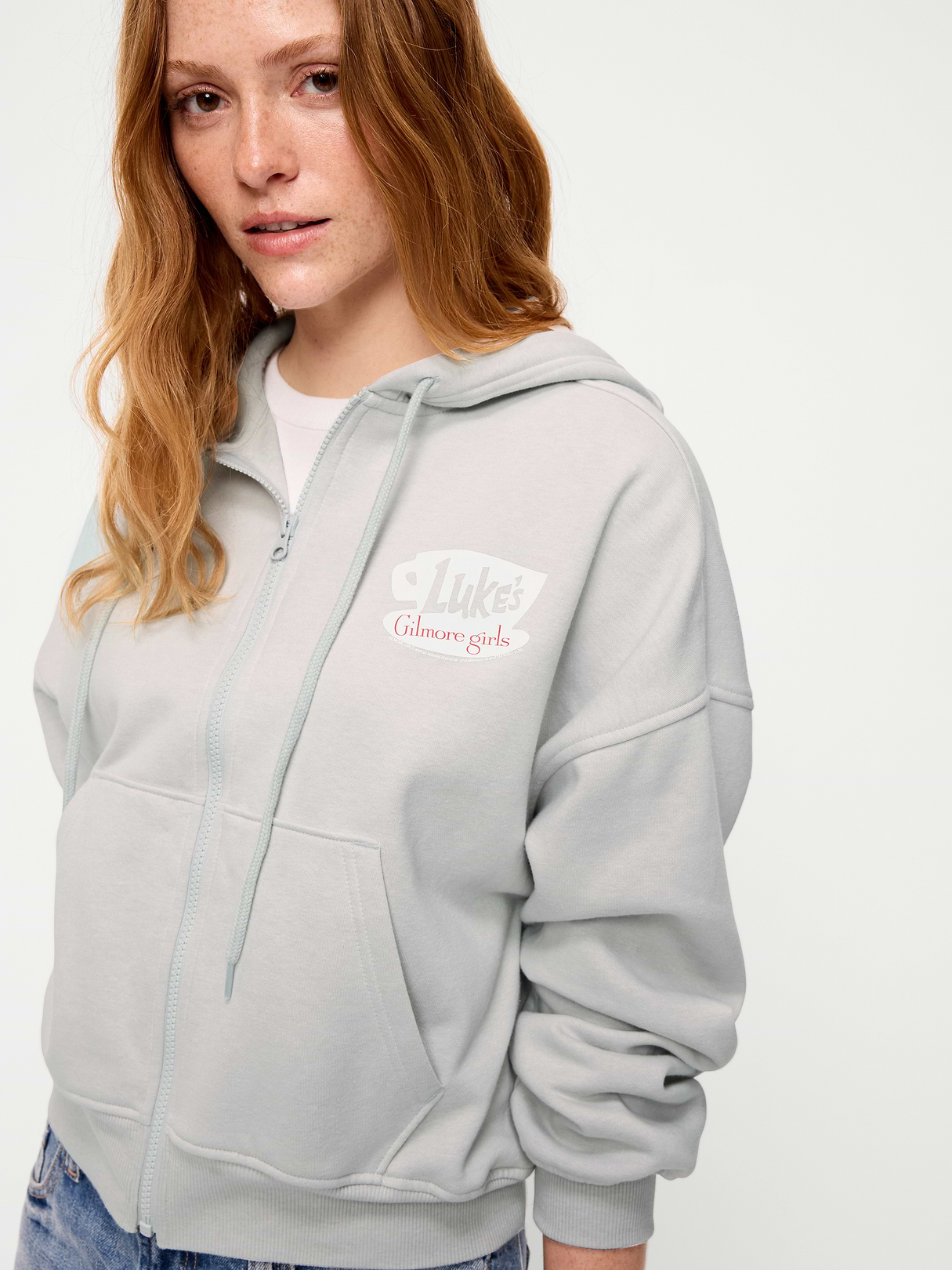 Oversized Full-Zip Graphic Hoodie Sweatshirt - Light Gray