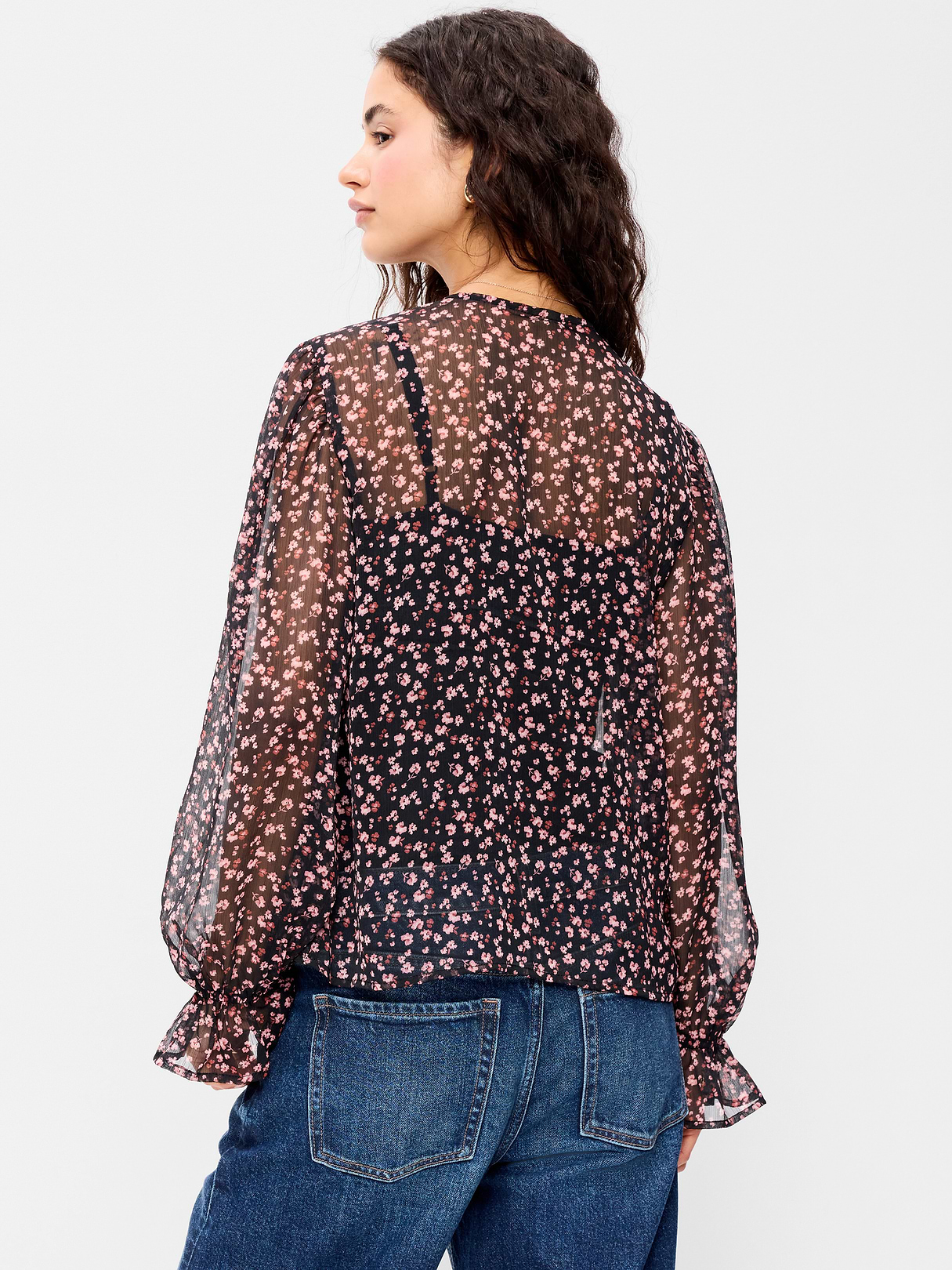 Long-Sleeve Chiffon Tie-Front Top - Pink Floral