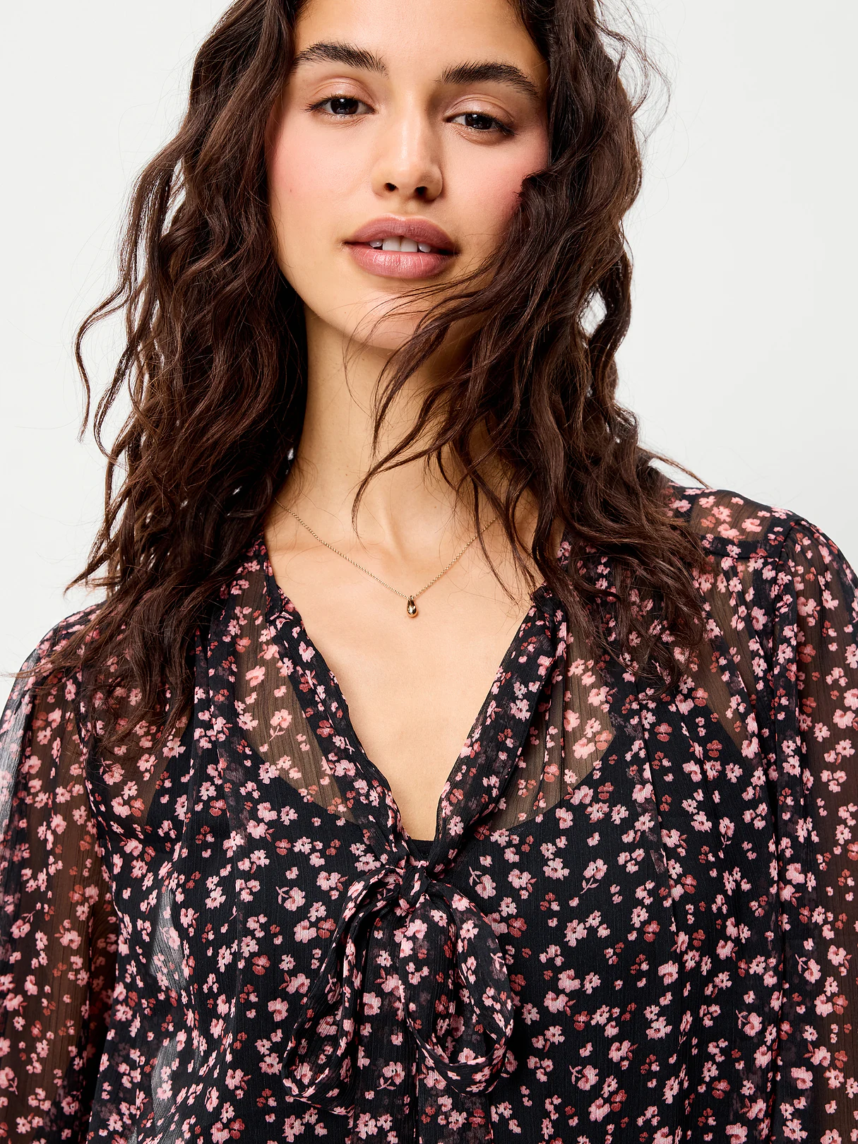 Long-Sleeve Chiffon Tie-Front Top - Pink Floral