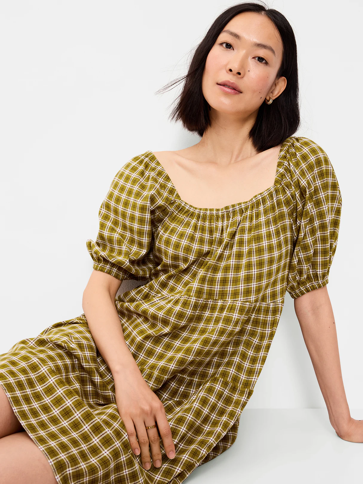 Puff-Sleeve Smocked Mini Swing Dress - Green Plaid
