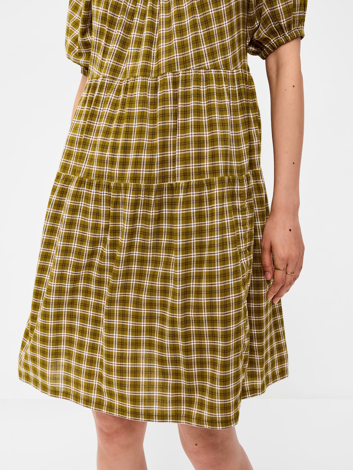 Puff-Sleeve Smocked Mini Swing Dress - Green Plaid