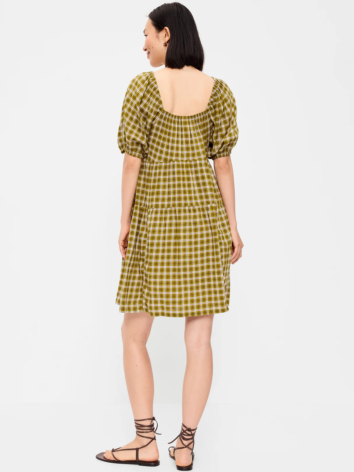 Puff-Sleeve Smocked Mini Swing Dress - Green Plaid