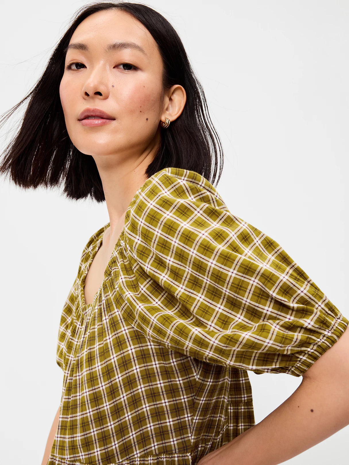 Puff-Sleeve Smocked Mini Swing Dress - Green Plaid