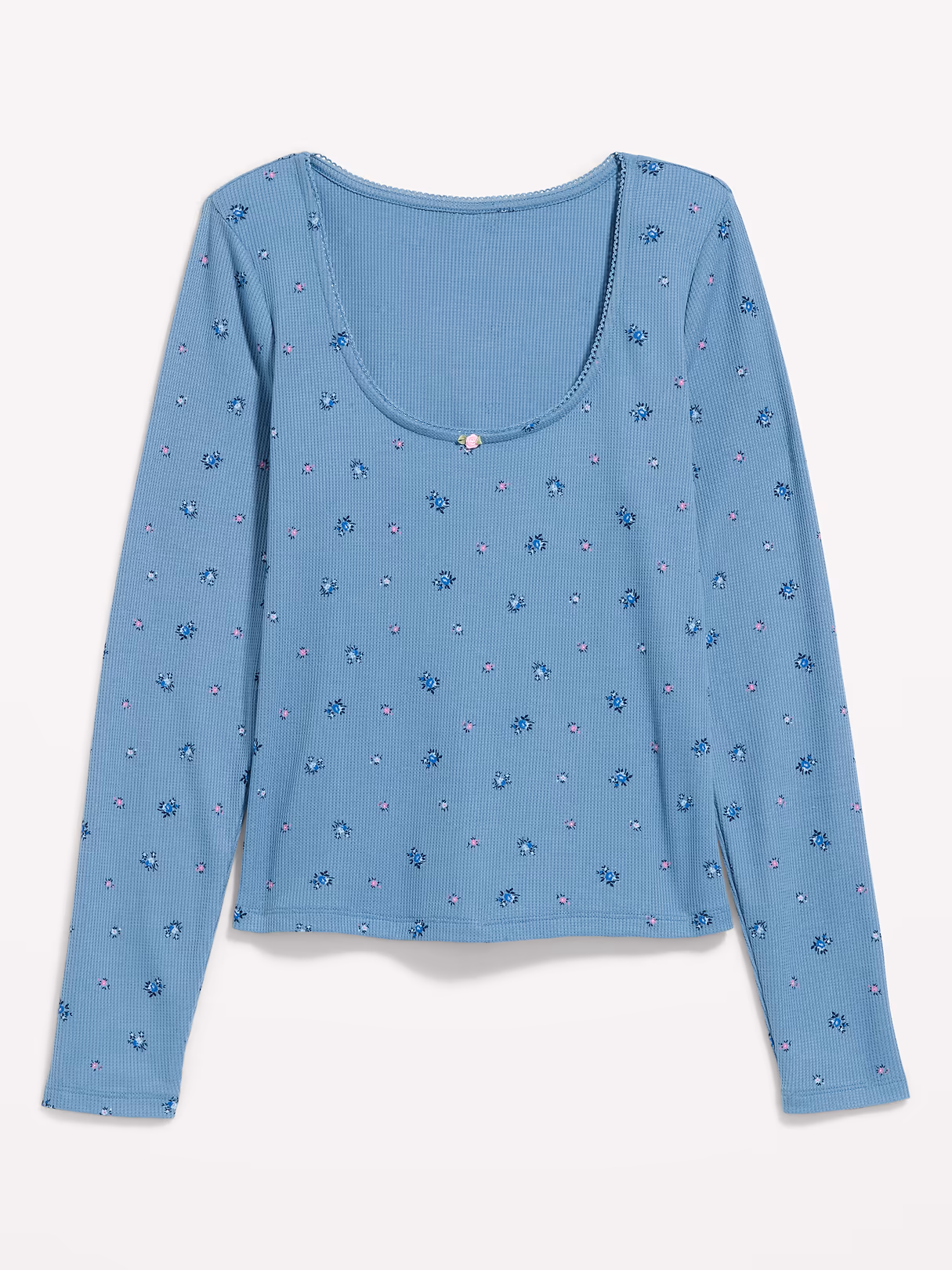 Waffle-Textured Long-Sleeve Pajama Top - Blue Ditsy Floral