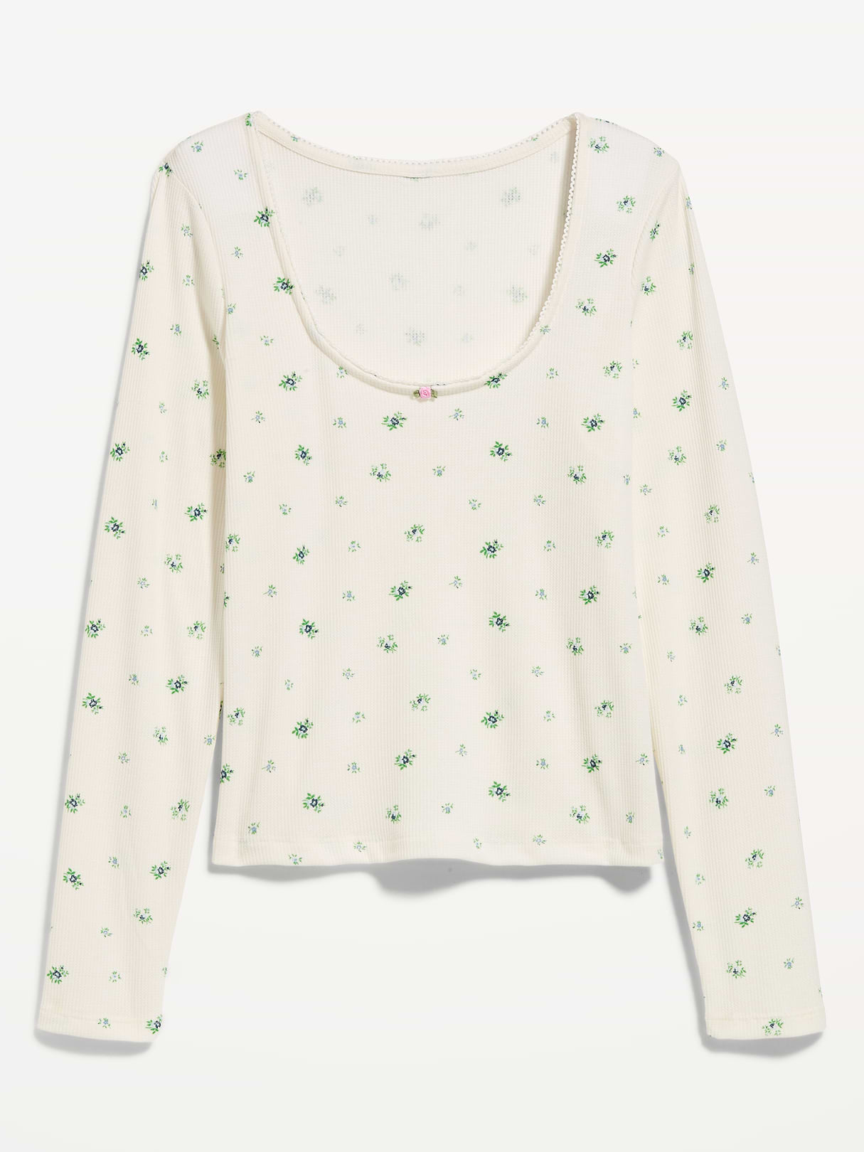 Waffle-Textured Long-Sleeve Pajama Top - Cream Ditsy Floral