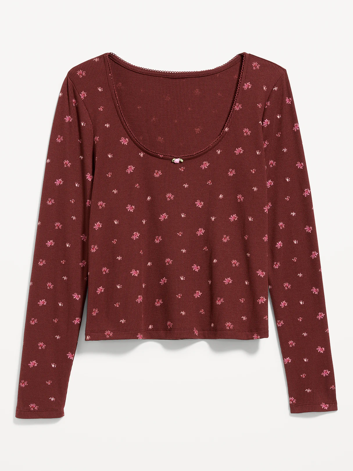 Waffle-Textured Long-Sleeve Pajama Top - Burgundy Ditsy Floral