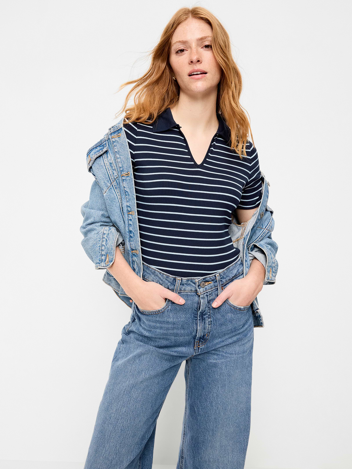 Keyhole Polo Top - White Stripe