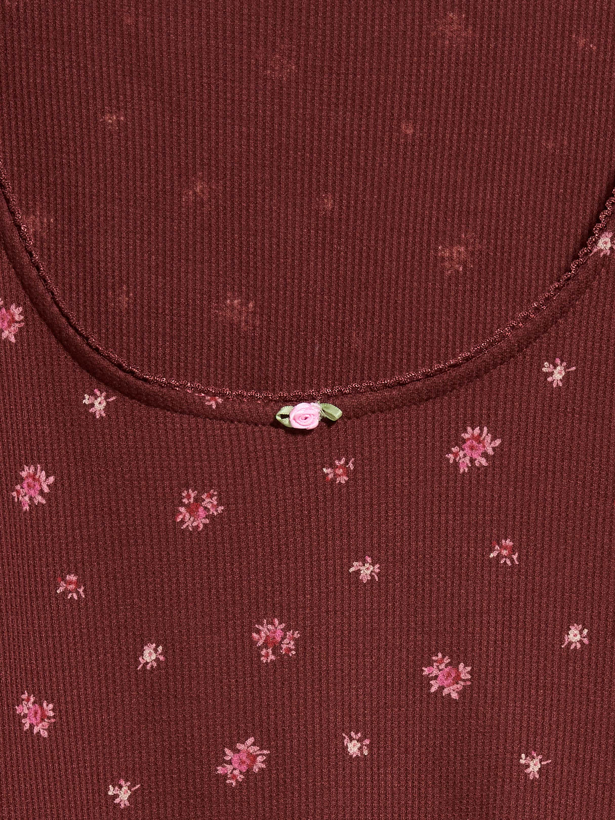 Waffle-Textured Long-Sleeve Pajama Top - Burgundy Ditsy Floral