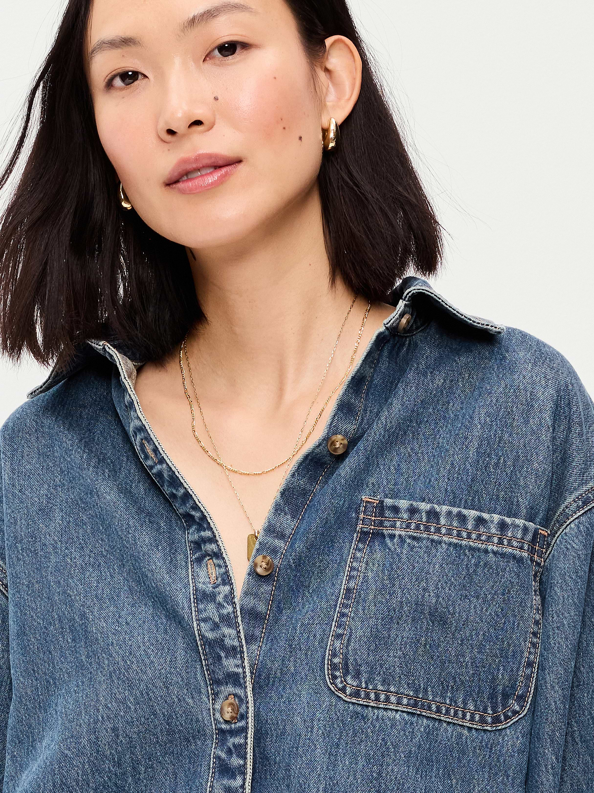 Oversized Boyfriend Button-Down Jean Shirt - Medium Wash