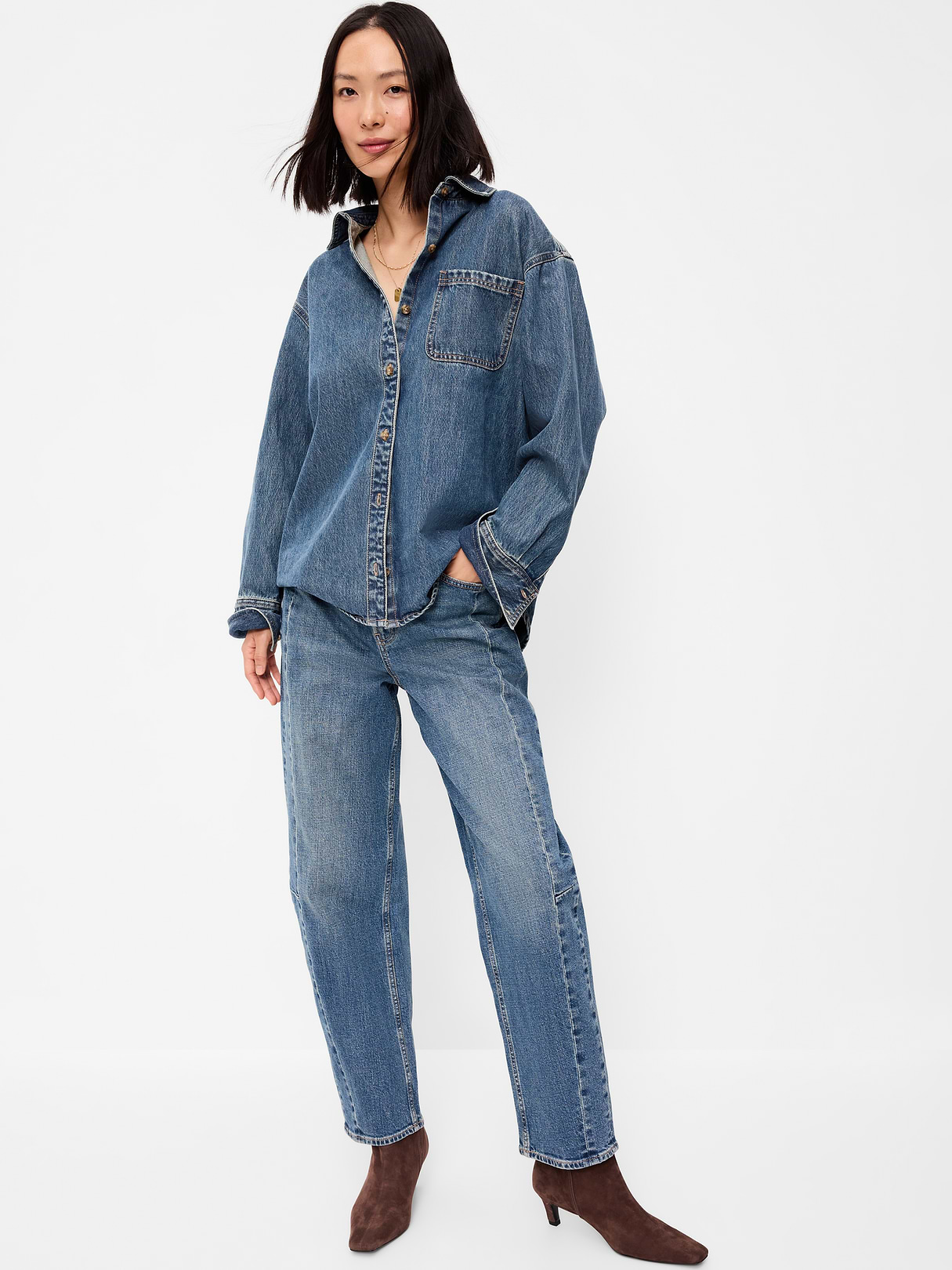 Oversized Boyfriend Button-Down Jean Shirt - Medium Wash