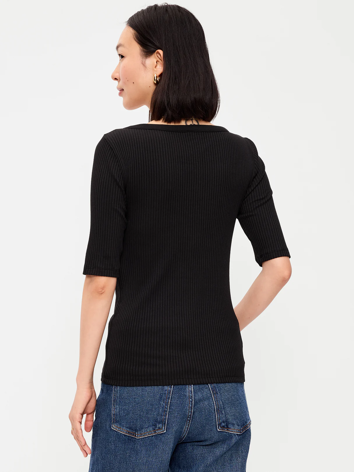 Scoop-Neck Fitted Henley Top - Light Black Heather