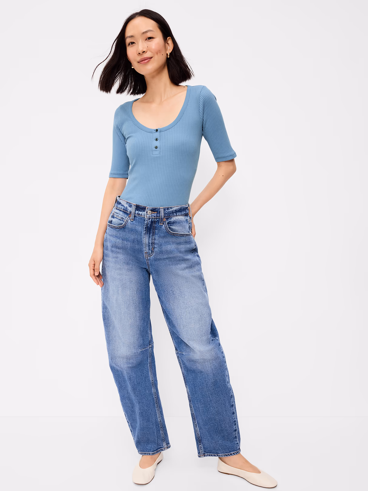 Scoop-Neck Fitted Henley Top - Naturalist Blue