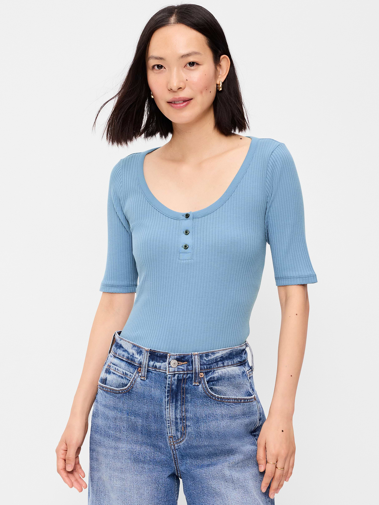 Scoop-Neck Fitted Henley Top - Naturalist Blue